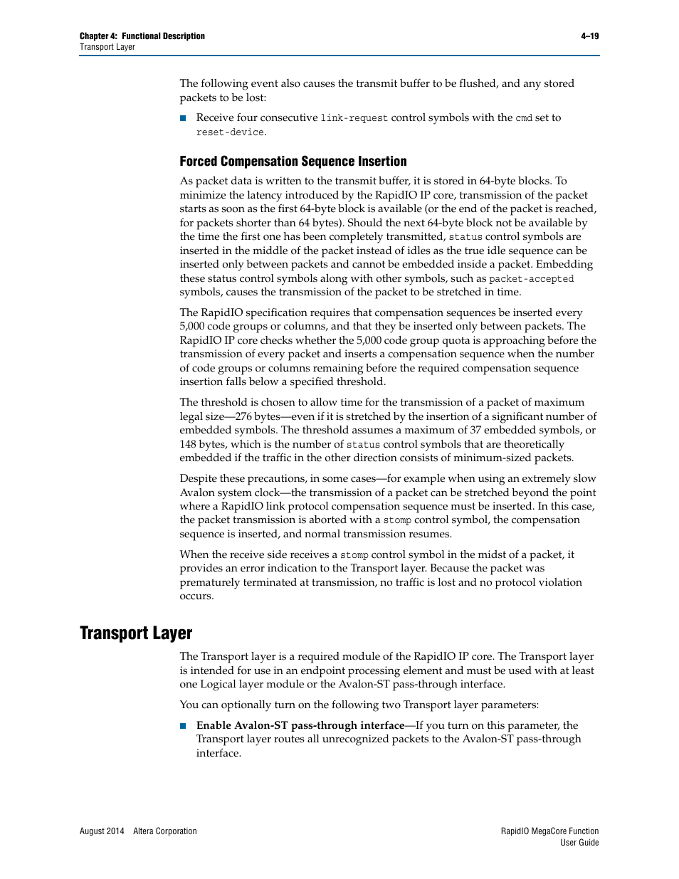 Forced compensation sequence insertion, Transport layer, Forced compensation sequence insertion –19 | Transport layer –19 | Altera RapidIO MegaCore Function User Manual | Page 65 / 198