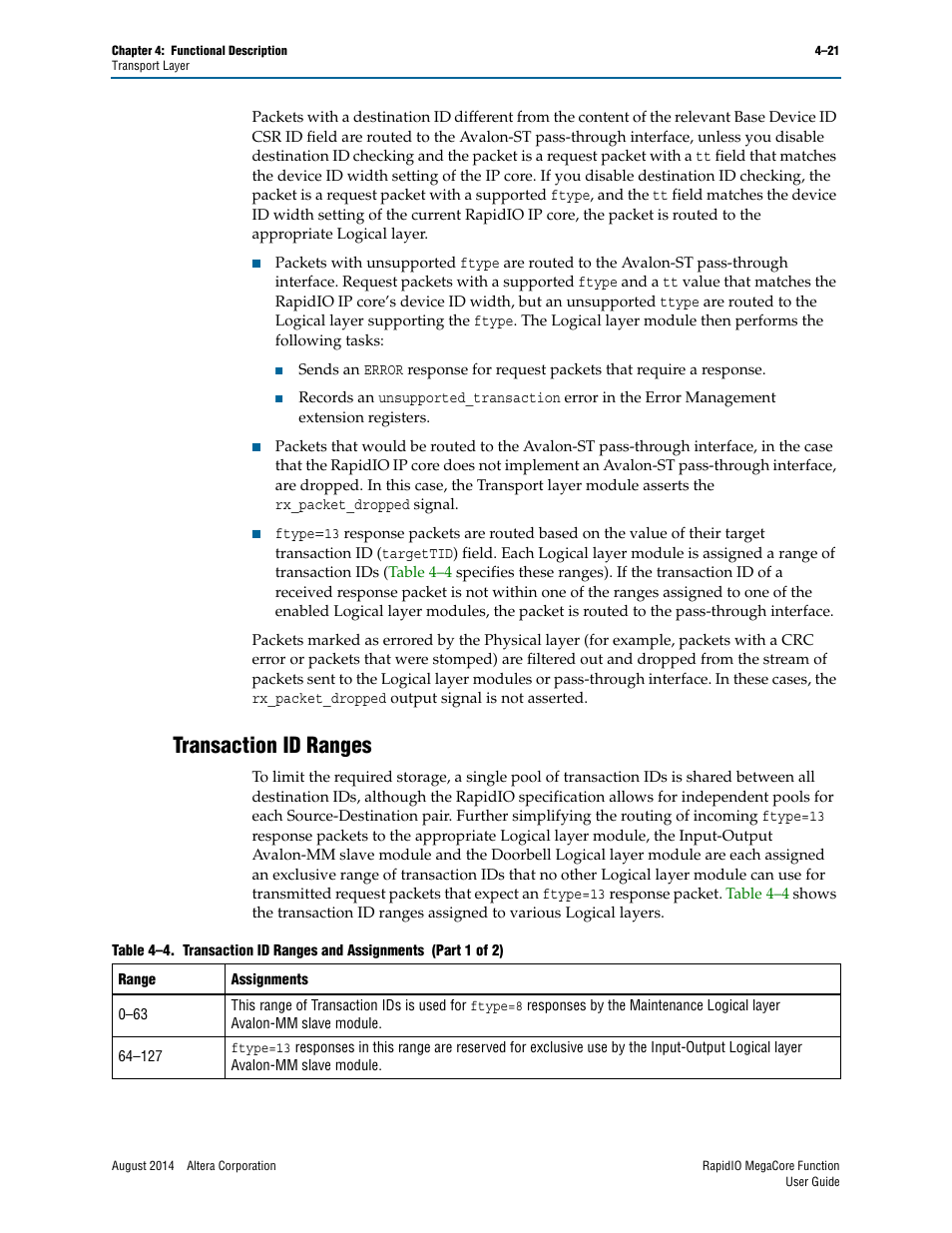 Transaction id ranges, Transaction id ranges –21 | Altera RapidIO MegaCore Function User Manual | Page 67 / 198