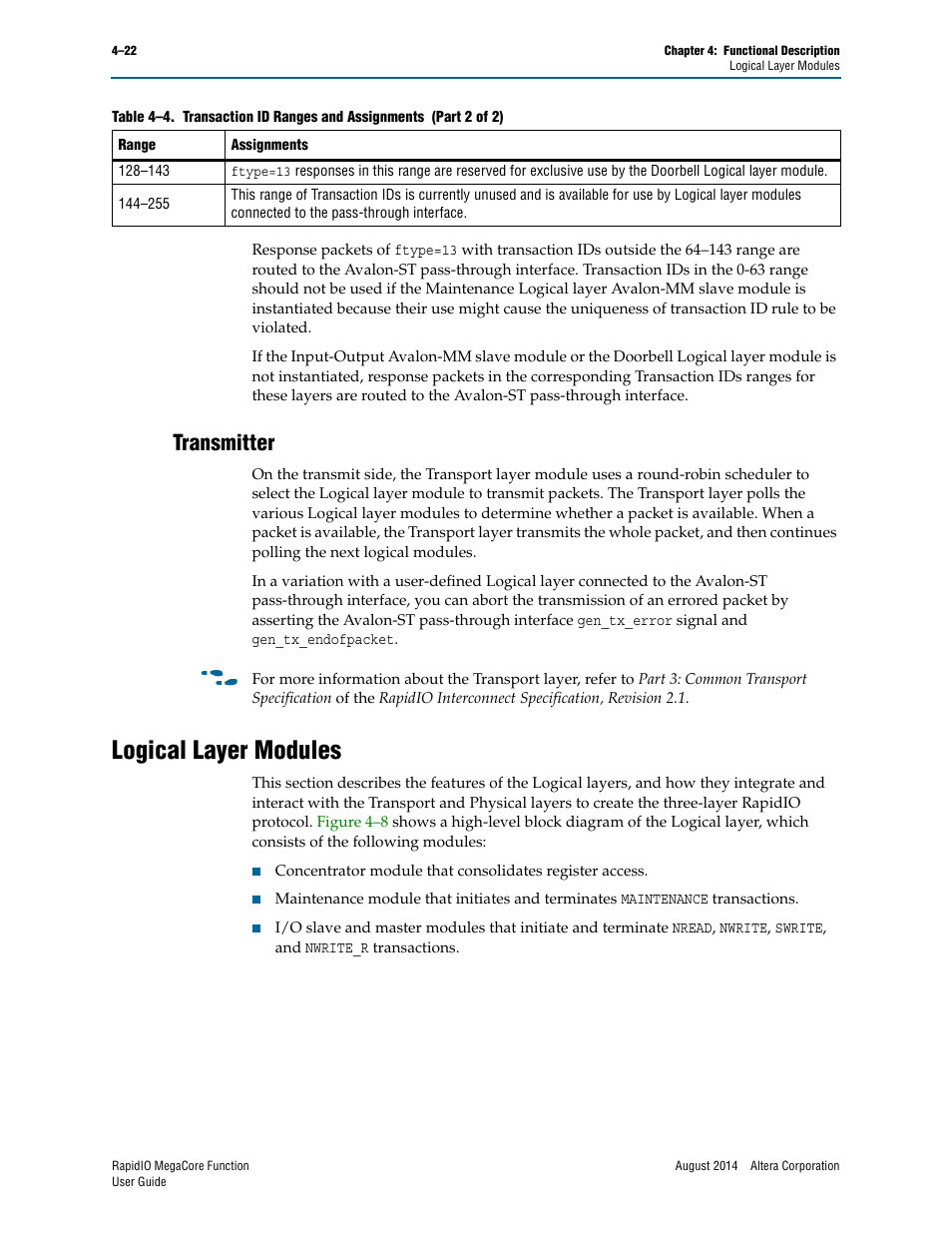 Transmitter, Logical layer modules, Transmitter –22 | Logical layer modules –22 | Altera RapidIO MegaCore Function User Manual | Page 68 / 198