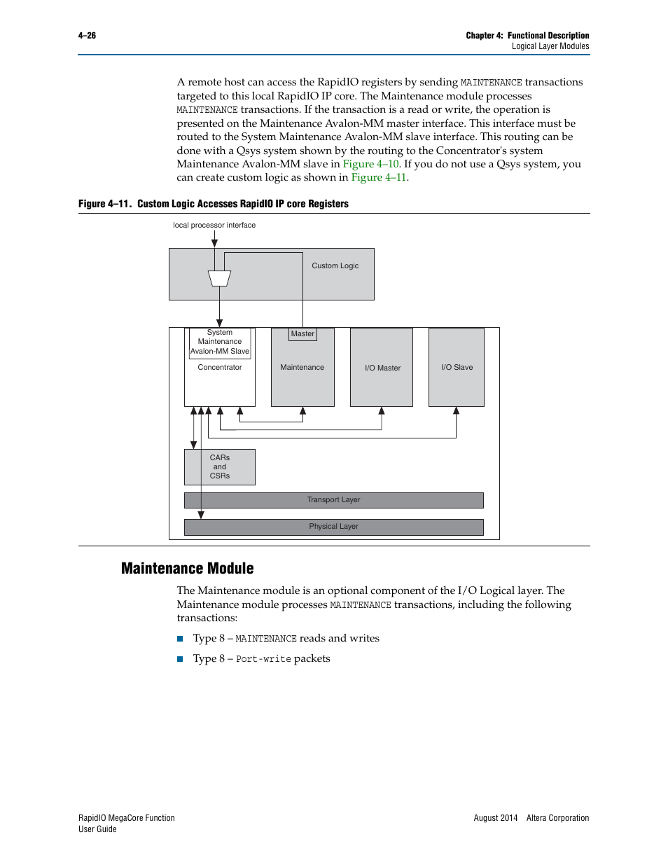 Maintenance module, Maintenance module –26, Figure 4–11 | Altera RapidIO MegaCore Function User Manual | Page 72 / 198