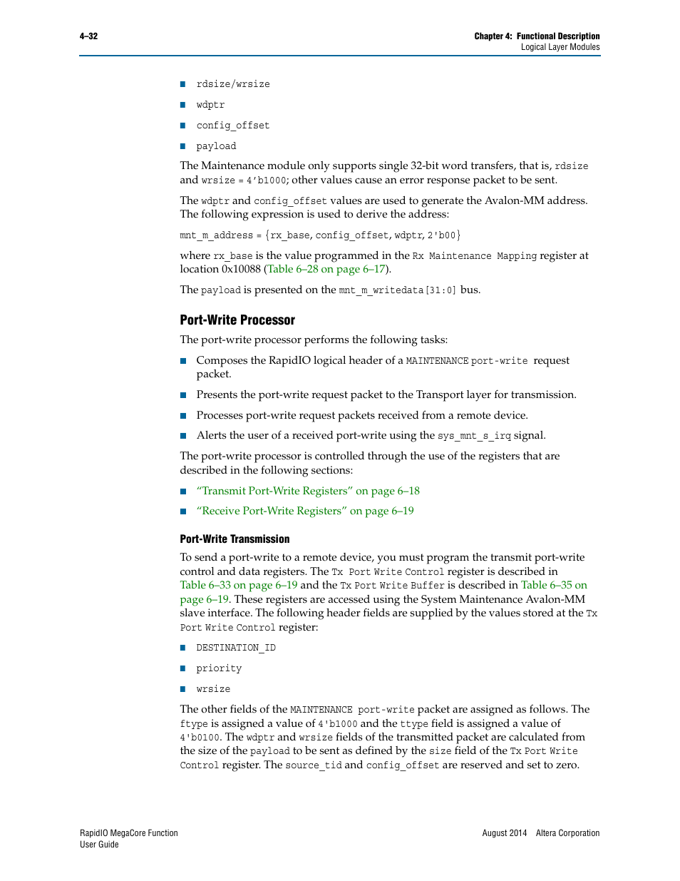 Port-write processor, Port-write processor –32 | Altera RapidIO MegaCore Function User Manual | Page 78 / 198