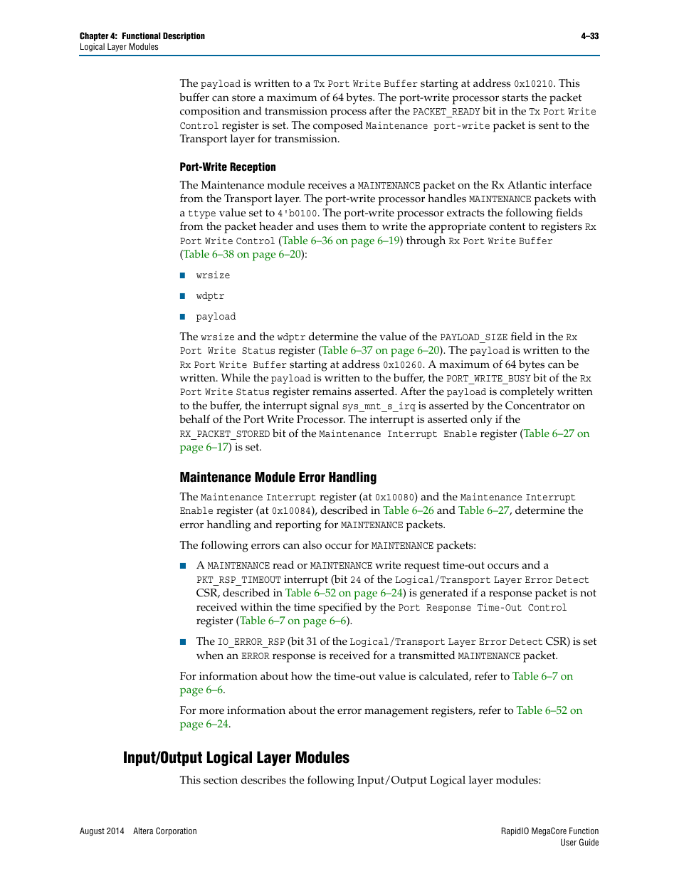 Maintenance module error handling, Input/output logical layer modules, Maintenance module error handling –33 | Input/output logical layer modules –33 | Altera RapidIO MegaCore Function User Manual | Page 79 / 198