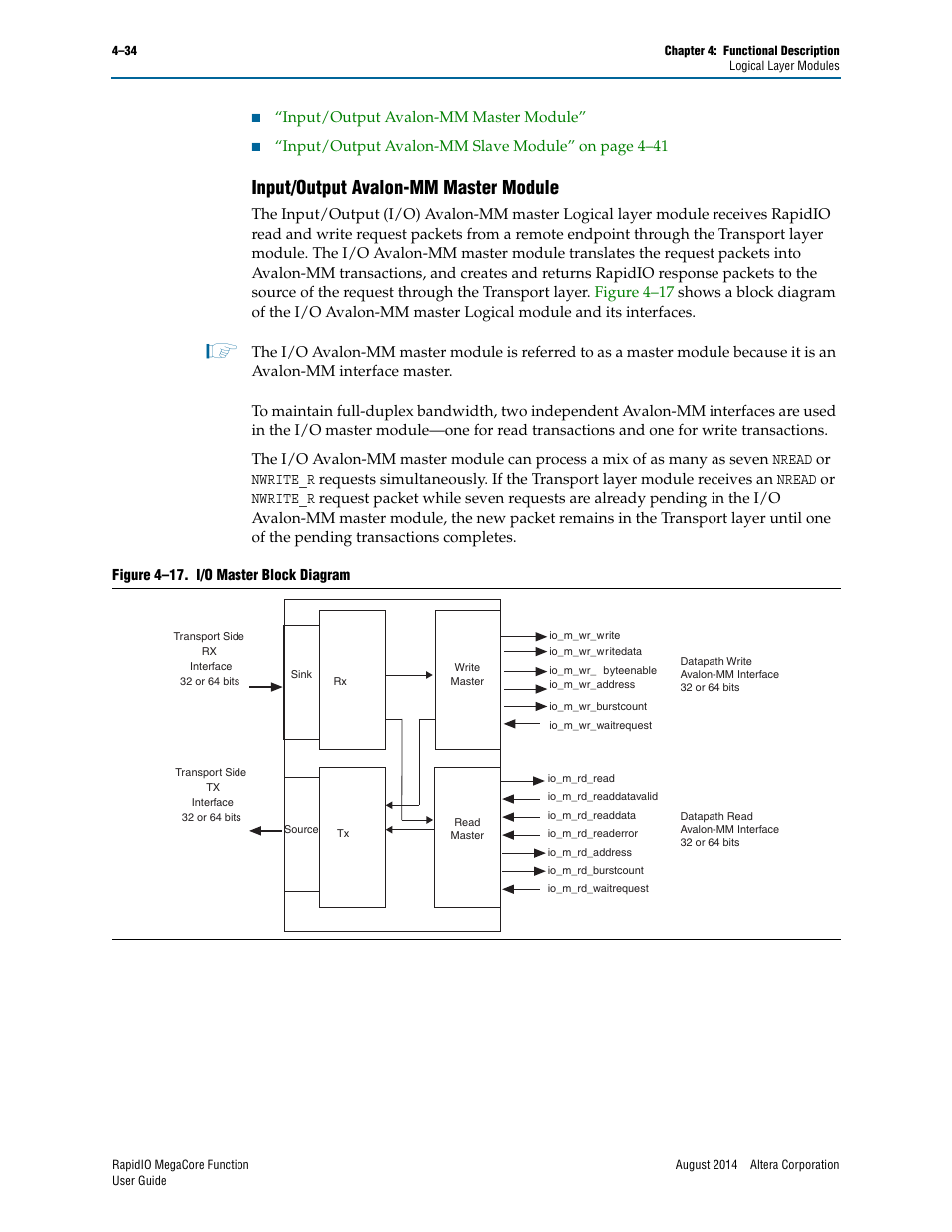 Input/output avalon-mm master module, Input/output avalon-mm master module –34 | Altera RapidIO MegaCore Function User Manual | Page 80 / 198
