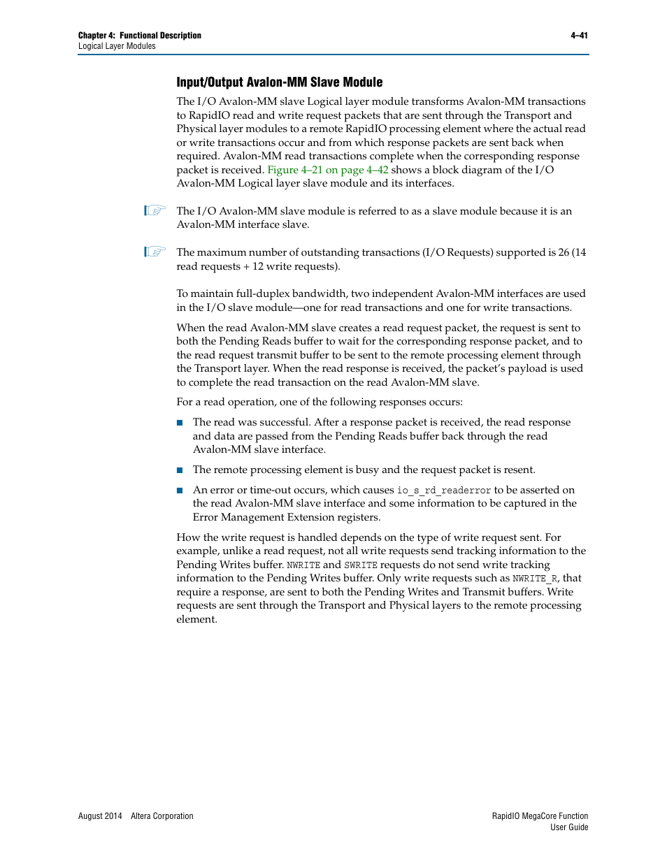 Input/output avalon-mm slave module, Input/output avalon-mm slave module –41 | Altera RapidIO MegaCore Function User Manual | Page 87 / 198
