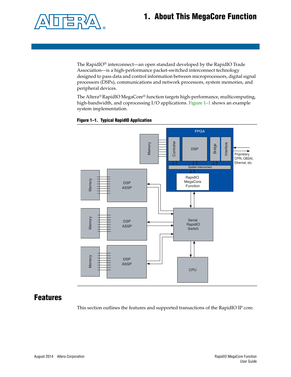 About this megacore function, Features, Chapter 1. about this megacore function | Features –1 | Altera RapidIO MegaCore Function User Manual | Page 9 / 198