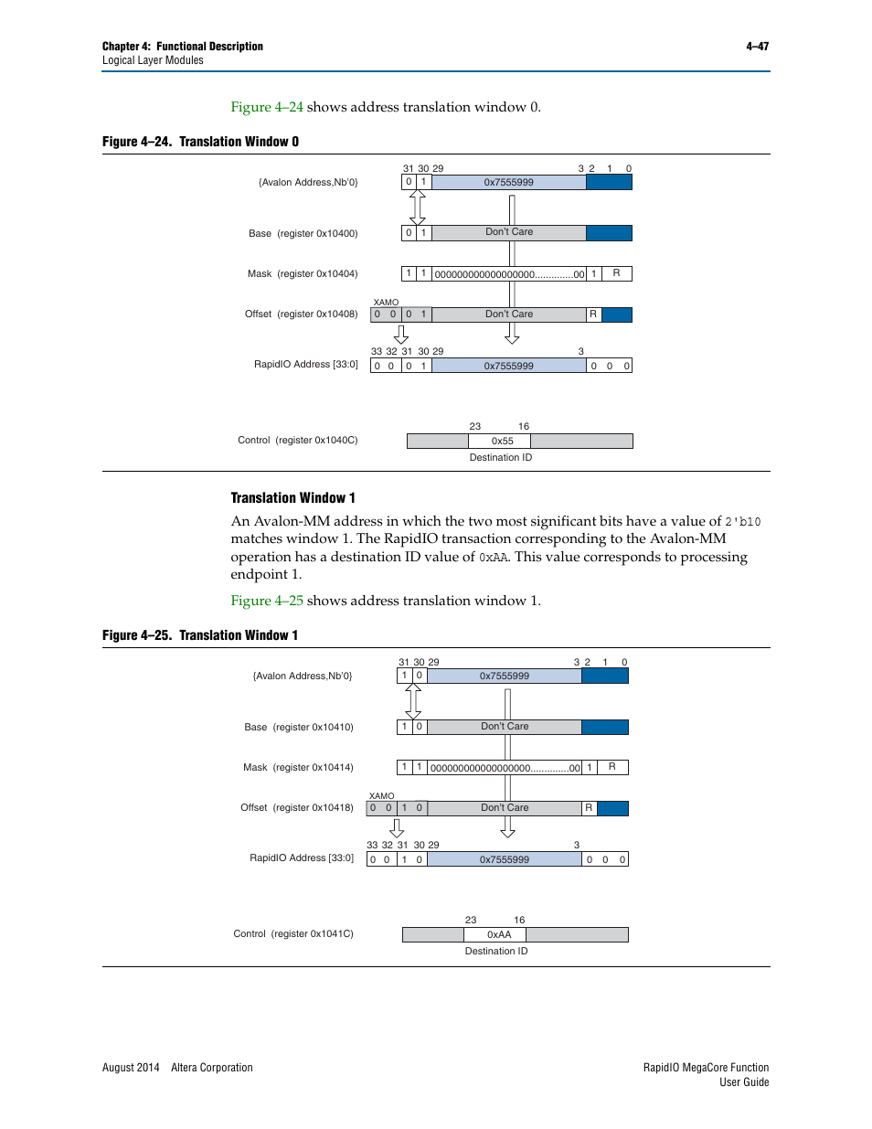 Sing endpoints, Figure 4–25, Figure 4–24. translation window 0 | Figure 4–25. translation window 1 | Altera RapidIO MegaCore Function User Manual | Page 93 / 198