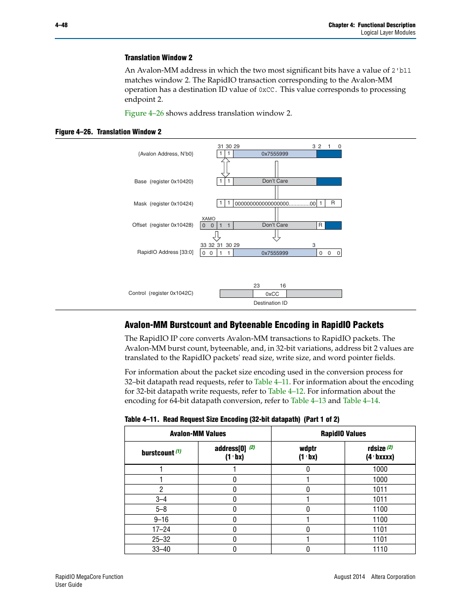 Avalon-mm burstcount | Altera RapidIO MegaCore Function User Manual | Page 94 / 198