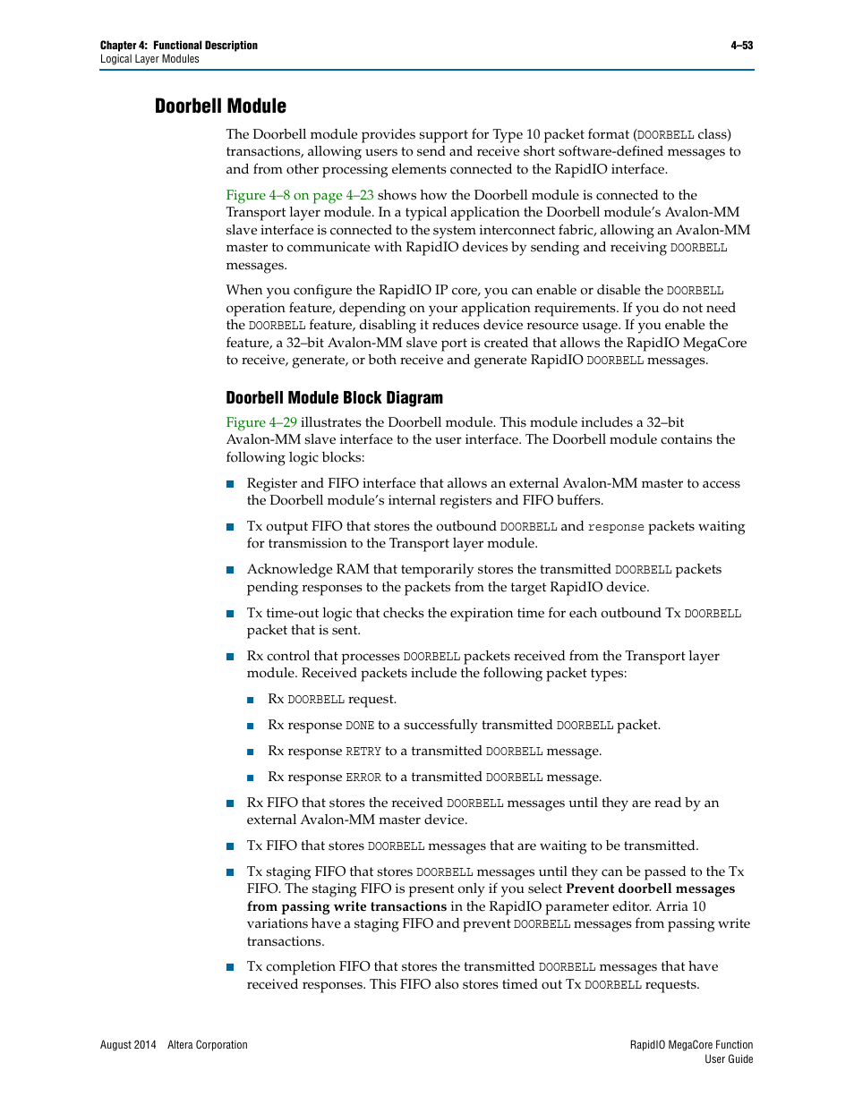 Doorbell module, Doorbell module block diagram, Doorbell module –53 | Doorbell module block diagram –53 | Altera RapidIO MegaCore Function User Manual | Page 99 / 198