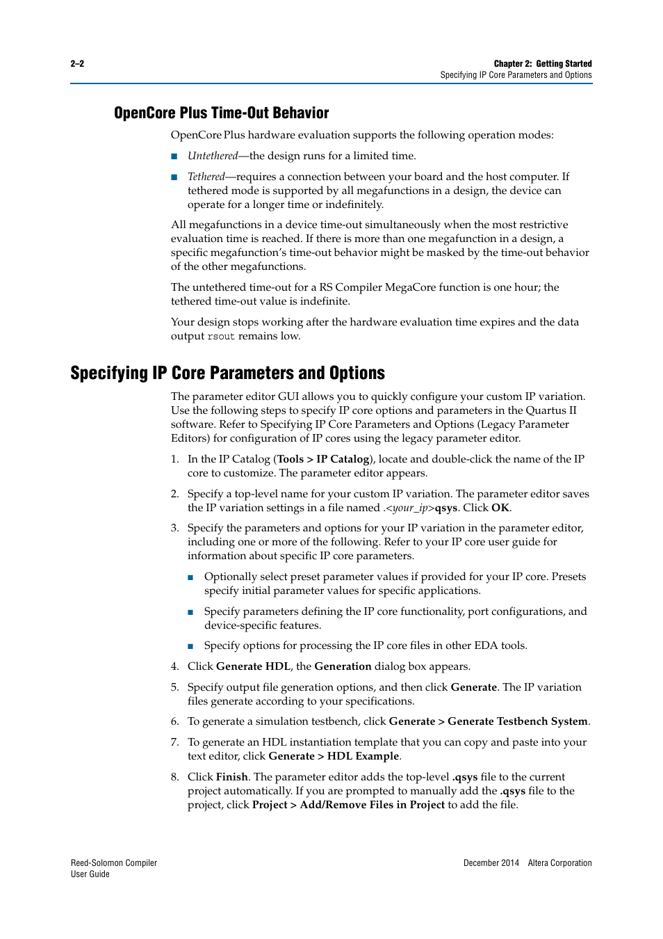 Opencore plus time-out behavior, Specifying ip core parameters and options, Opencore plus time-out behavior –2 | Specifying ip core parameters and options –2 | Altera Reed-Solomon Compiler User Manual | Page 10 / 36