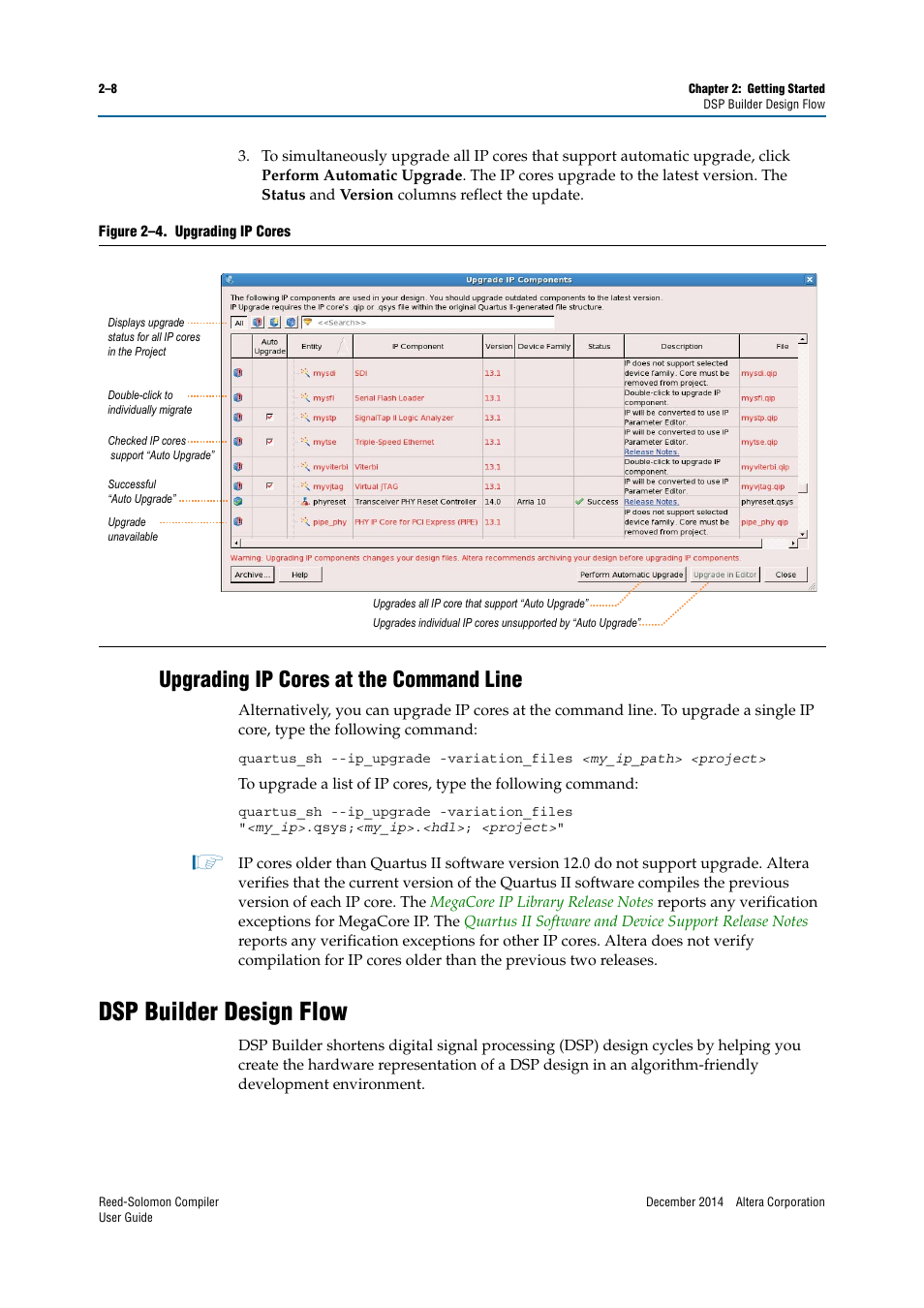 Upgrading ip cores at the command line, Dsp builder design flow, Upgrading ip cores at the command line –8 | Dsp builder design flow –8 | Altera Reed-Solomon Compiler User Manual | Page 16 / 36