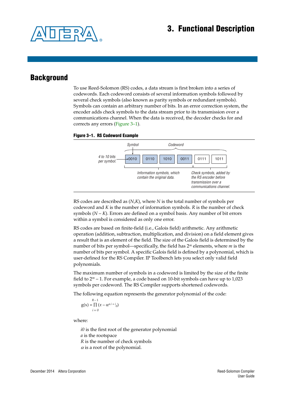 Functional description, Background, Chapter 3. f | Background –1 | Altera Reed-Solomon Compiler User Manual | Page 19 / 36