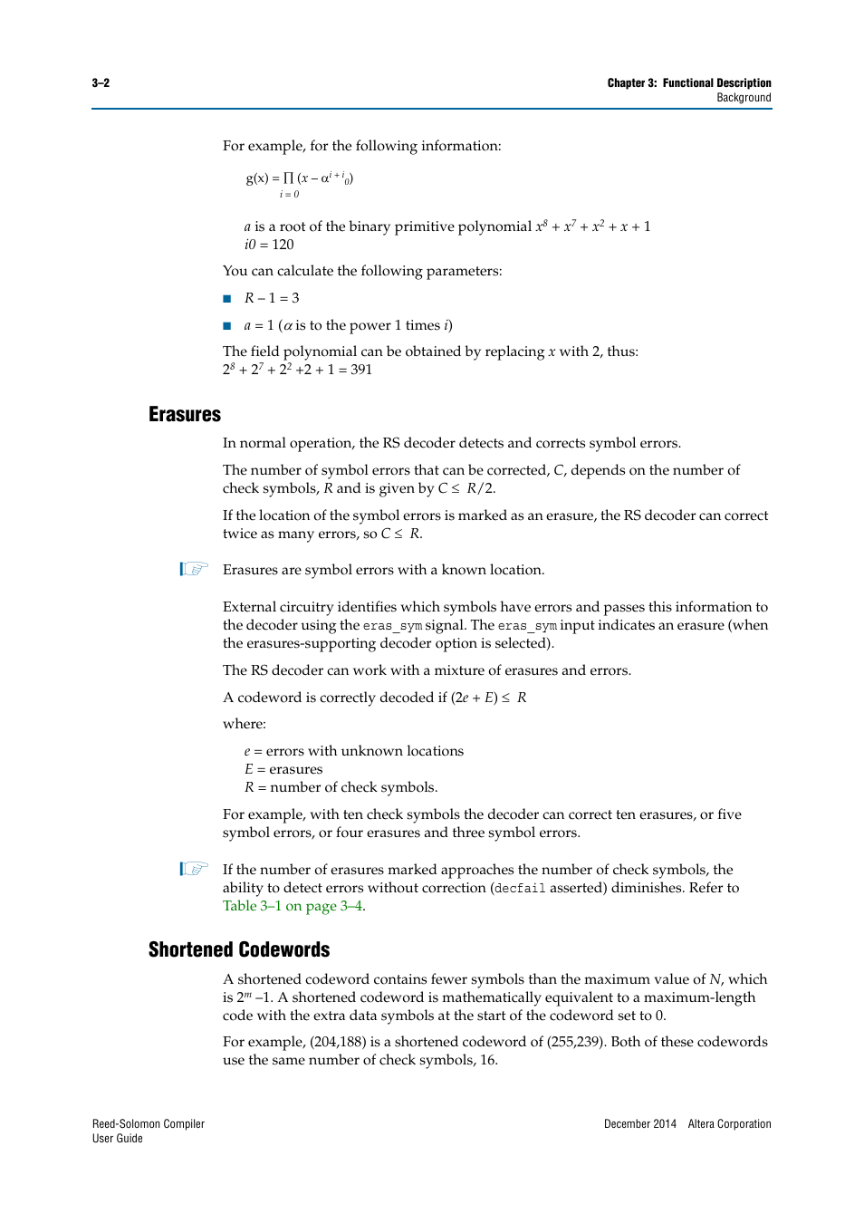 Erasures, Shortened codewords, Erasures –2 shortened codewords –2 | Altera Reed-Solomon Compiler User Manual | Page 20 / 36