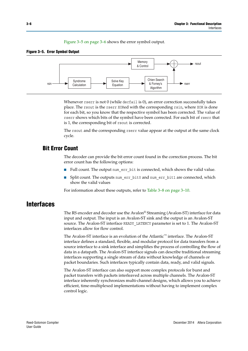 Bit error count, Interfaces, Bit error count –6 | Interfaces –6 | Altera Reed-Solomon Compiler User Manual | Page 24 / 36