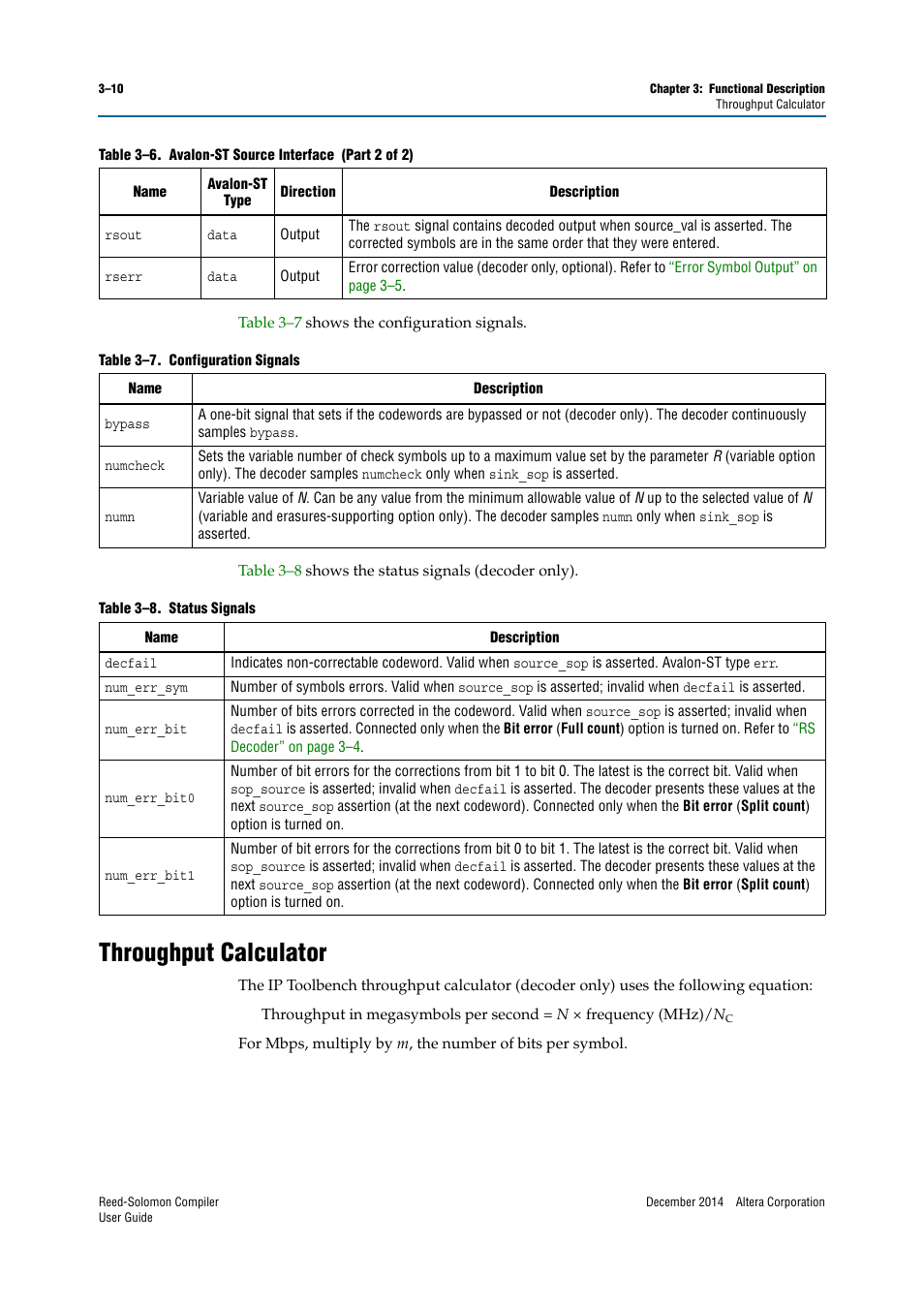 Throughput calculator, Throughput calculator –10, Fer to | Throughput, Shows | Altera Reed-Solomon Compiler User Manual | Page 28 / 36