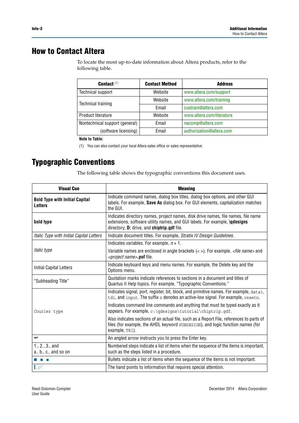 How to contact altera, Typographic conventions | Altera Reed-Solomon Compiler User Manual | Page 34 / 36