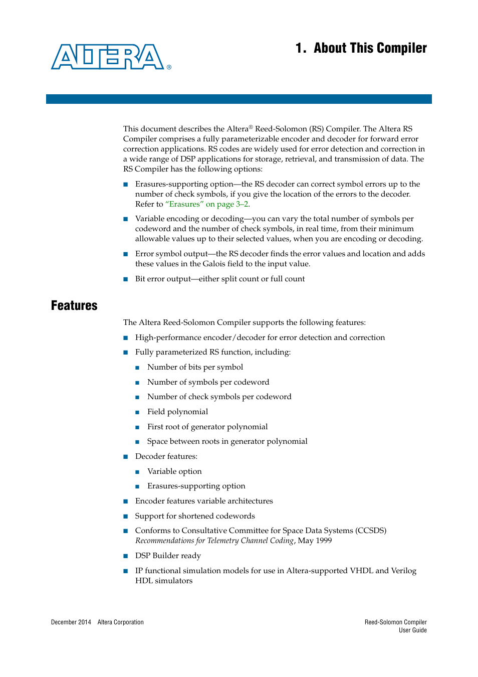 About this compiler, Features, Chapter 1. about this compiler | Features –1 | Altera Reed-Solomon Compiler User Manual | Page 5 / 36