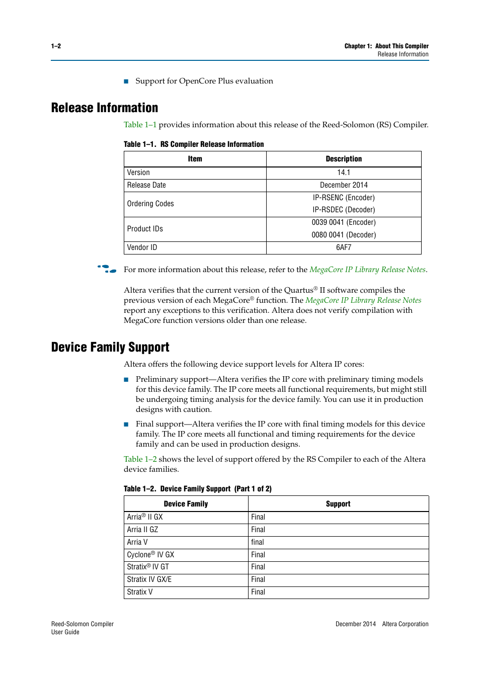 Release information, Device family support, Release information –2 device family support –2 | Altera Reed-Solomon Compiler User Manual | Page 6 / 36