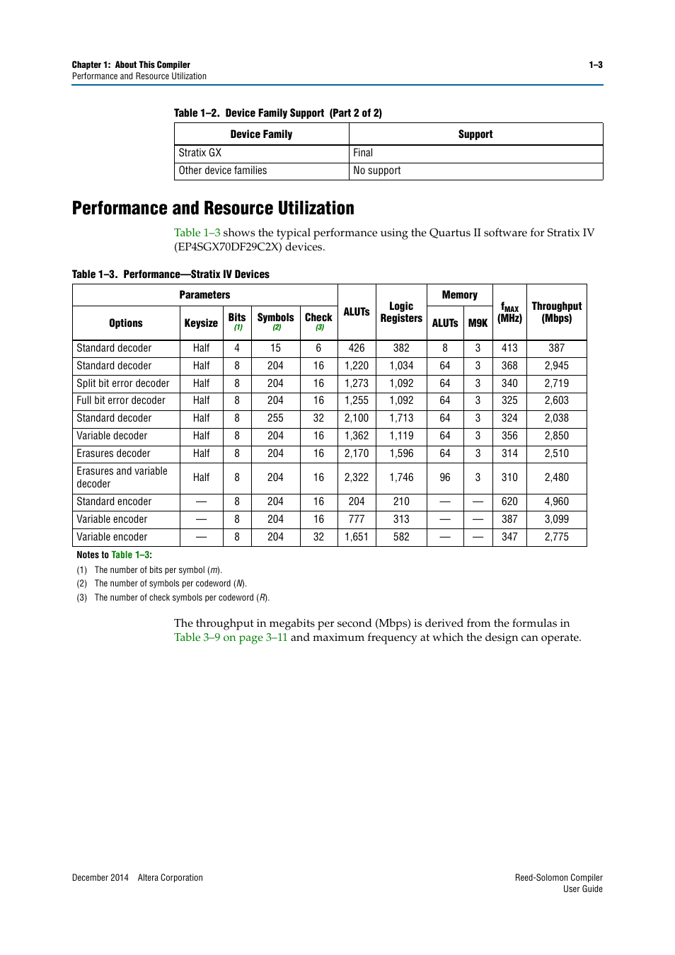 Performance and resource utilization, Performance and resource utilization –3 | Altera Reed-Solomon Compiler User Manual | Page 7 / 36