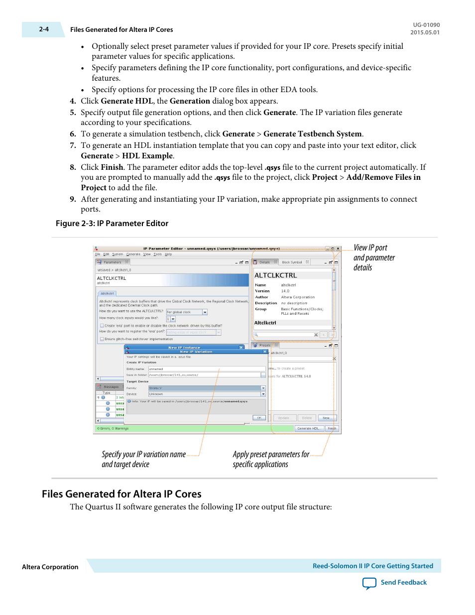 Files generated for altera ip cores, Files generated for altera ip cores -4 | Altera Reed-Solomon II MegaCore Function User Manual | Page 11 / 29