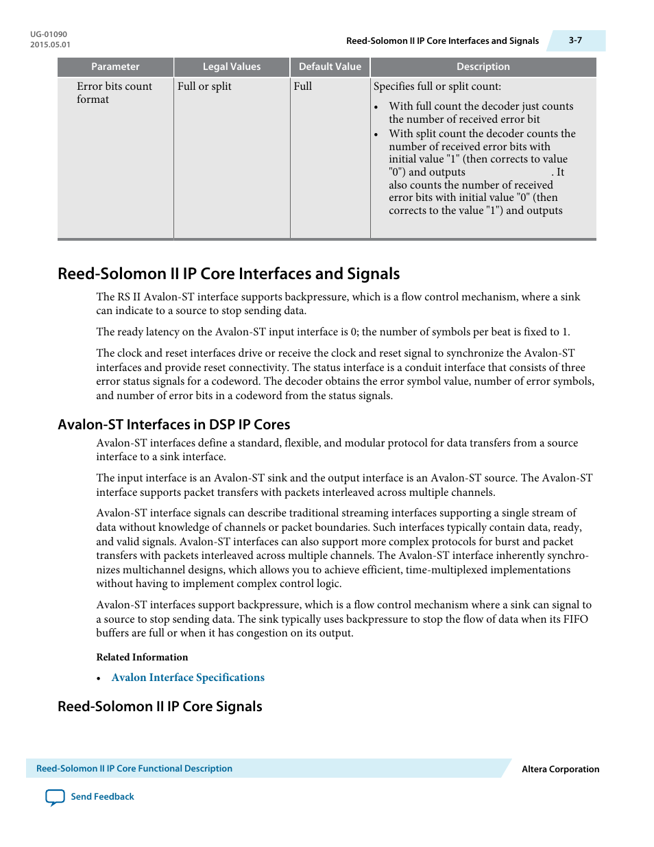 Reed-solomon ii ip core interfaces and signals, Avalon-st interfaces in dsp ip cores, Reed-solomon ii ip core signals | Reed-solomon ii ip core interfaces and signals -7, Avalon-st interfaces in dsp ip cores -7, Reed-solomon ii ip core signals -7 | Altera Reed-Solomon II MegaCore Function User Manual | Page 23 / 29