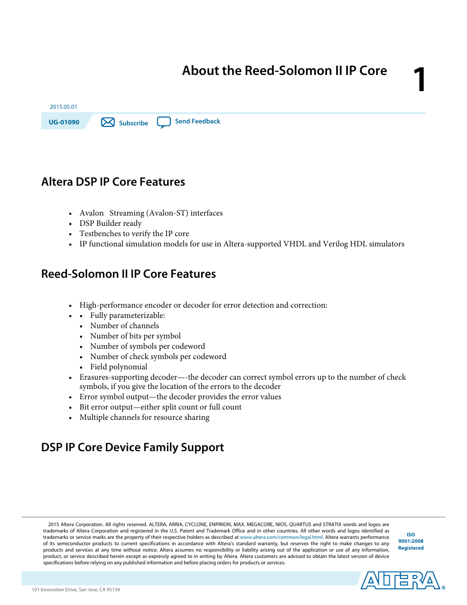 About the reed-solomon ii ip core, Altera dsp ip core features, Reed-solomon ii ip core features | Dsp ip core device family support, About the reed-solomon ii ip core -1, Altera dsp ip core features -1, Reed-solomon ii ip core features -1, Dsp ip core device family support -1 | Altera Reed-Solomon II MegaCore Function User Manual | Page 3 / 29
