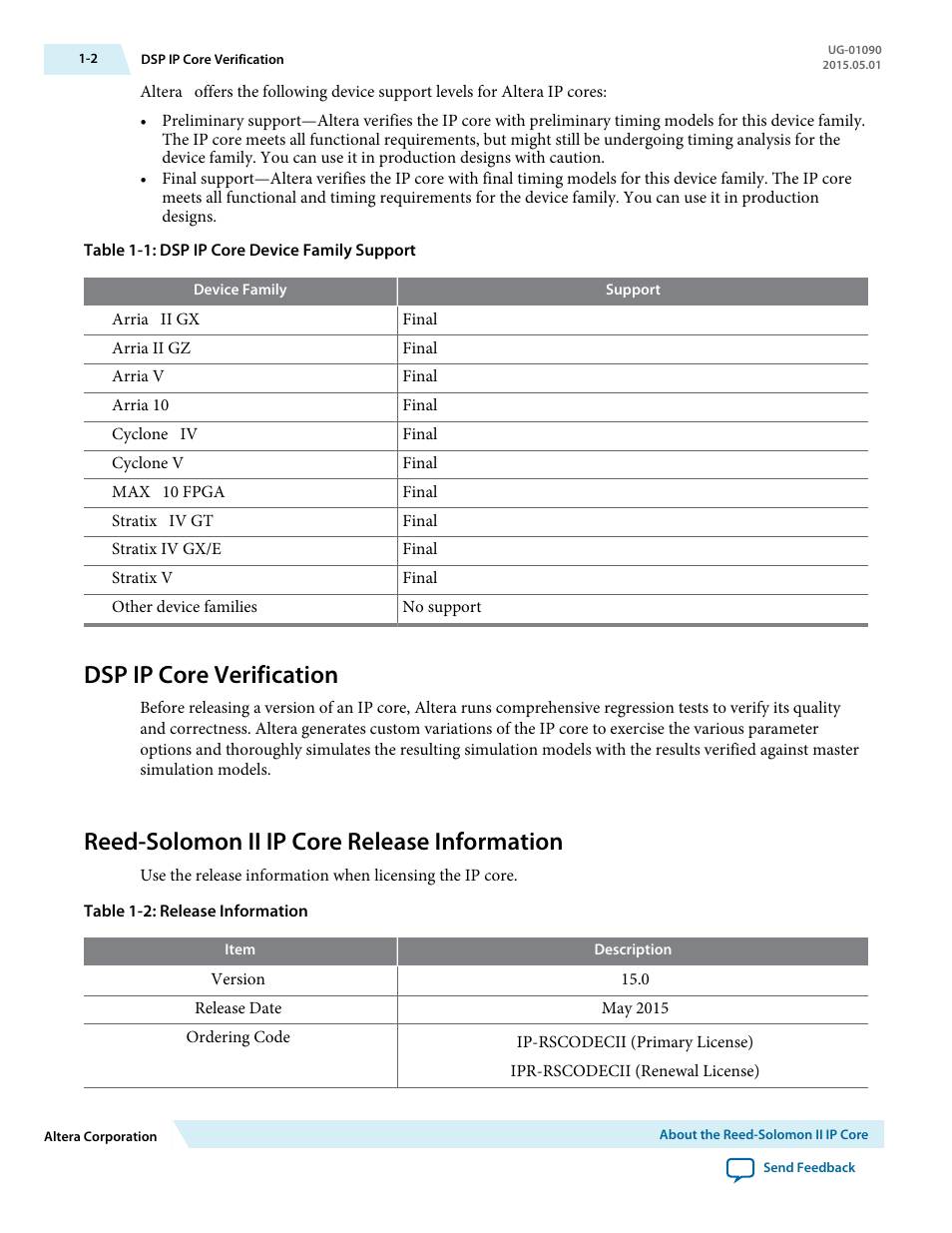 Dsp ip core verification, Reed-solomon ii ip core release information, Dsp ip core verification -2 | Reed-solomon ii ip core release information -2 | Altera Reed-Solomon II MegaCore Function User Manual | Page 4 / 29