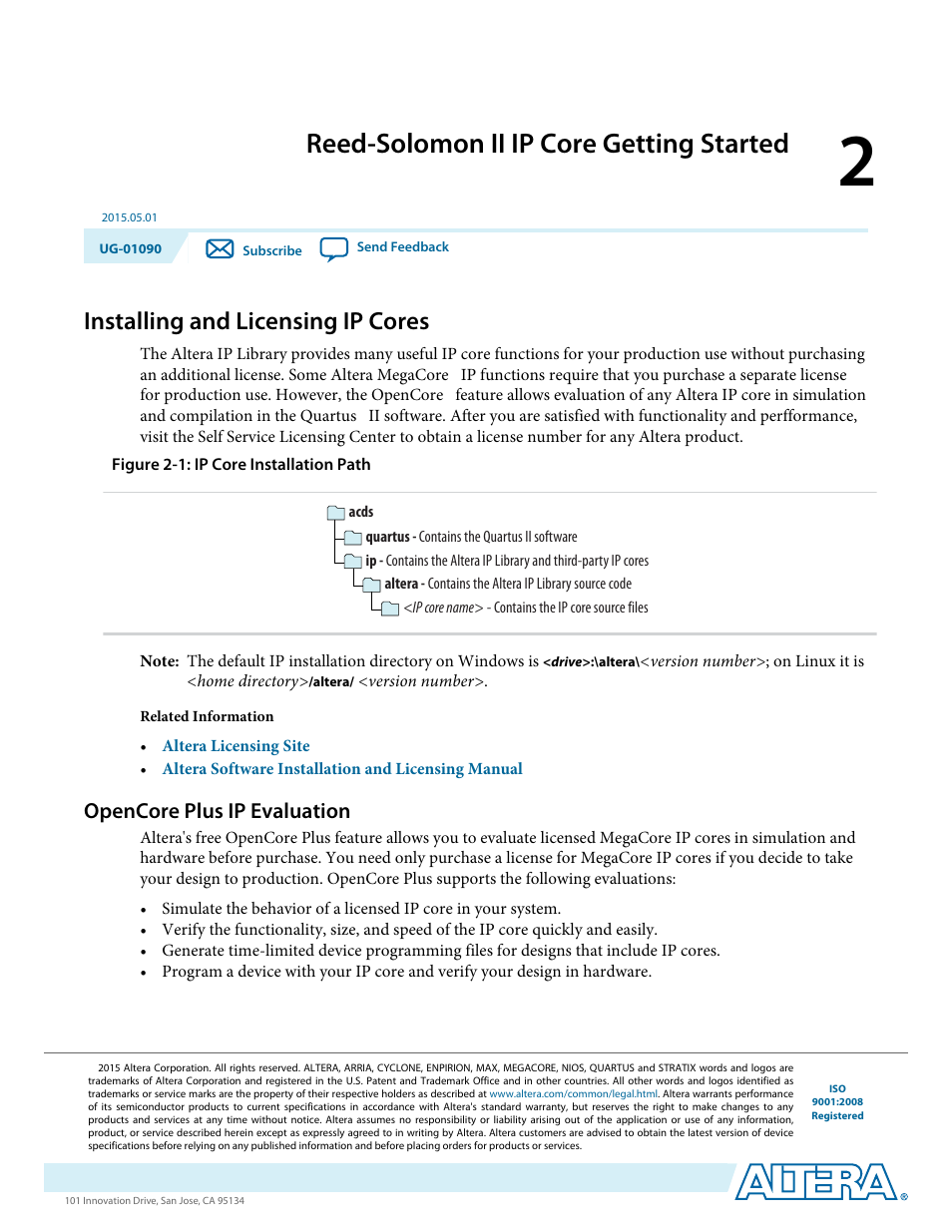 Reed-solomon ii ip core getting started, Installing and licensing ip cores, Opencore plus ip evaluation | Reed-solomon ii ip core getting started -1, Installing and licensing ip cores -1, Opencore plus ip evaluation -1 | Altera Reed-Solomon II MegaCore Function User Manual | Page 8 / 29
