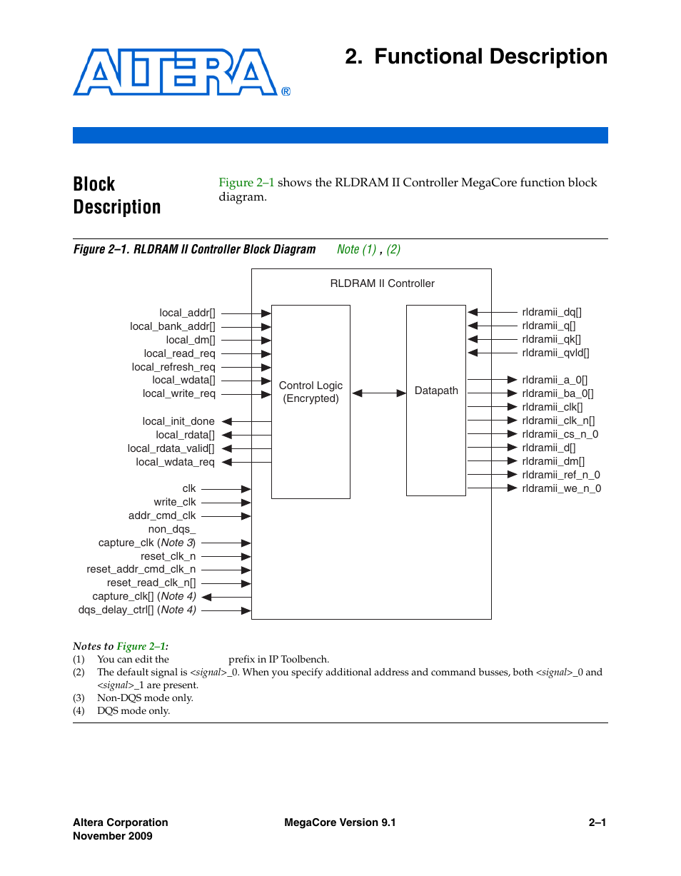 Functional description, Block description, Chapter 2. functional description | Block description –1 | Altera RLDRAM II Controller MegaCore Function User Manual | Page 11 / 62