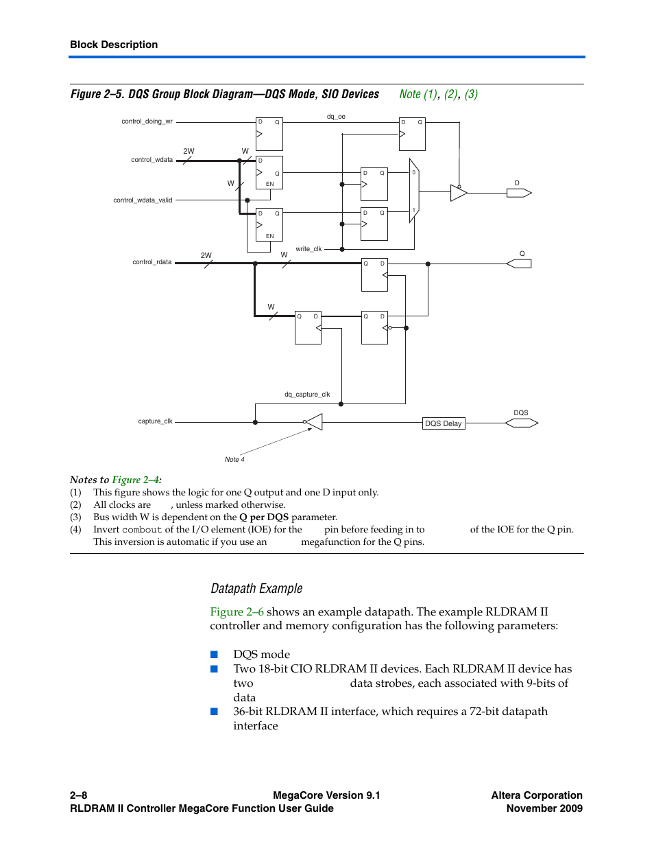 Datapath example, Dqs mode | Altera RLDRAM II Controller MegaCore Function User Manual | Page 18 / 62
