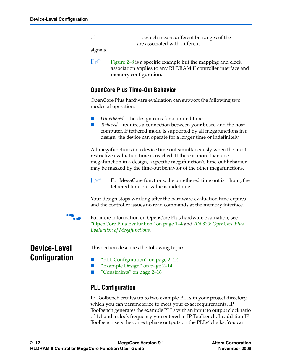 Opencore plus time-out behavior, Device-level configuration, Pll configuration | Device-level configuration –12 | Altera RLDRAM II Controller MegaCore Function User Manual | Page 22 / 62