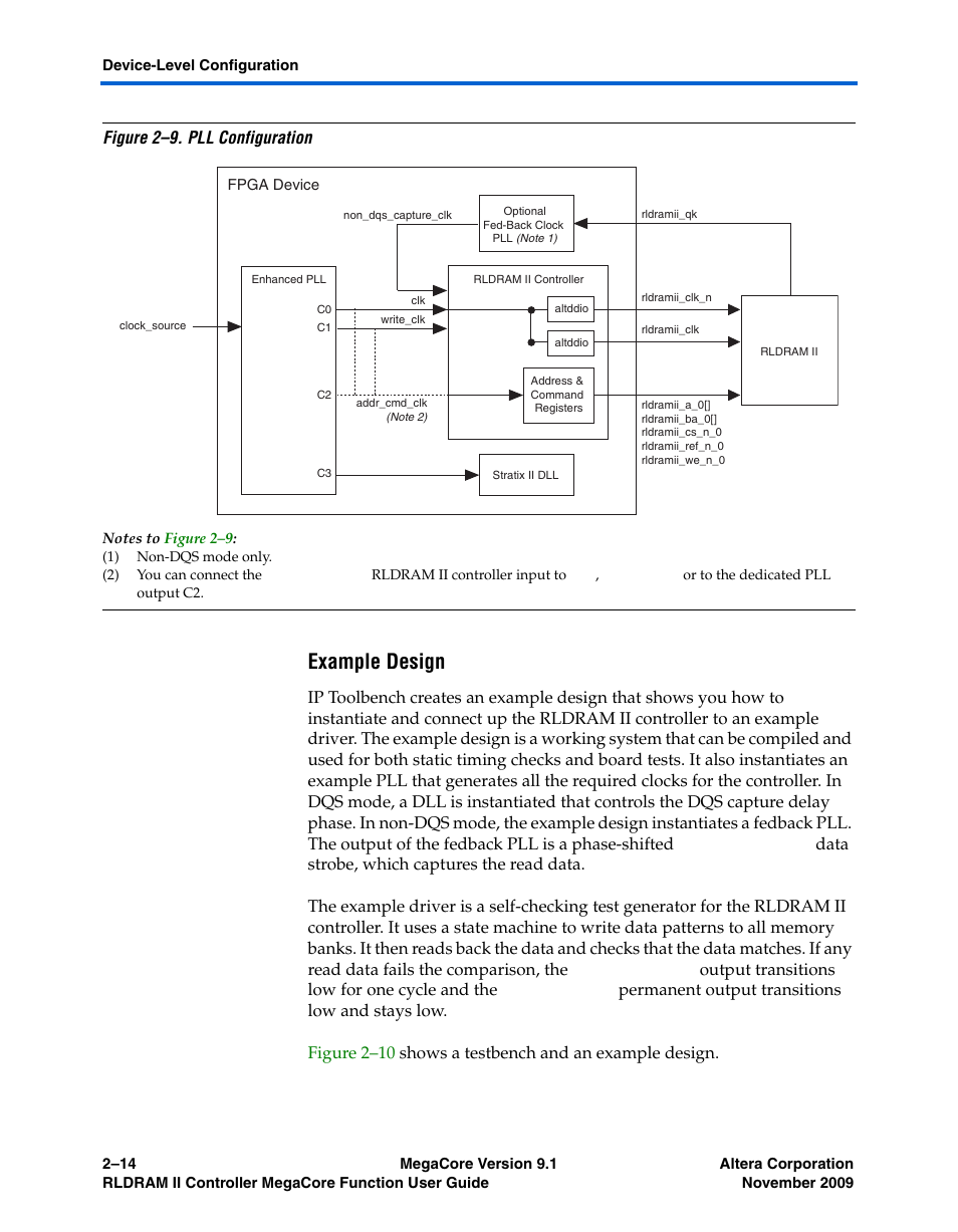 Example design, Figure 2–9. pll configuration | Altera RLDRAM II Controller MegaCore Function User Manual | Page 24 / 62