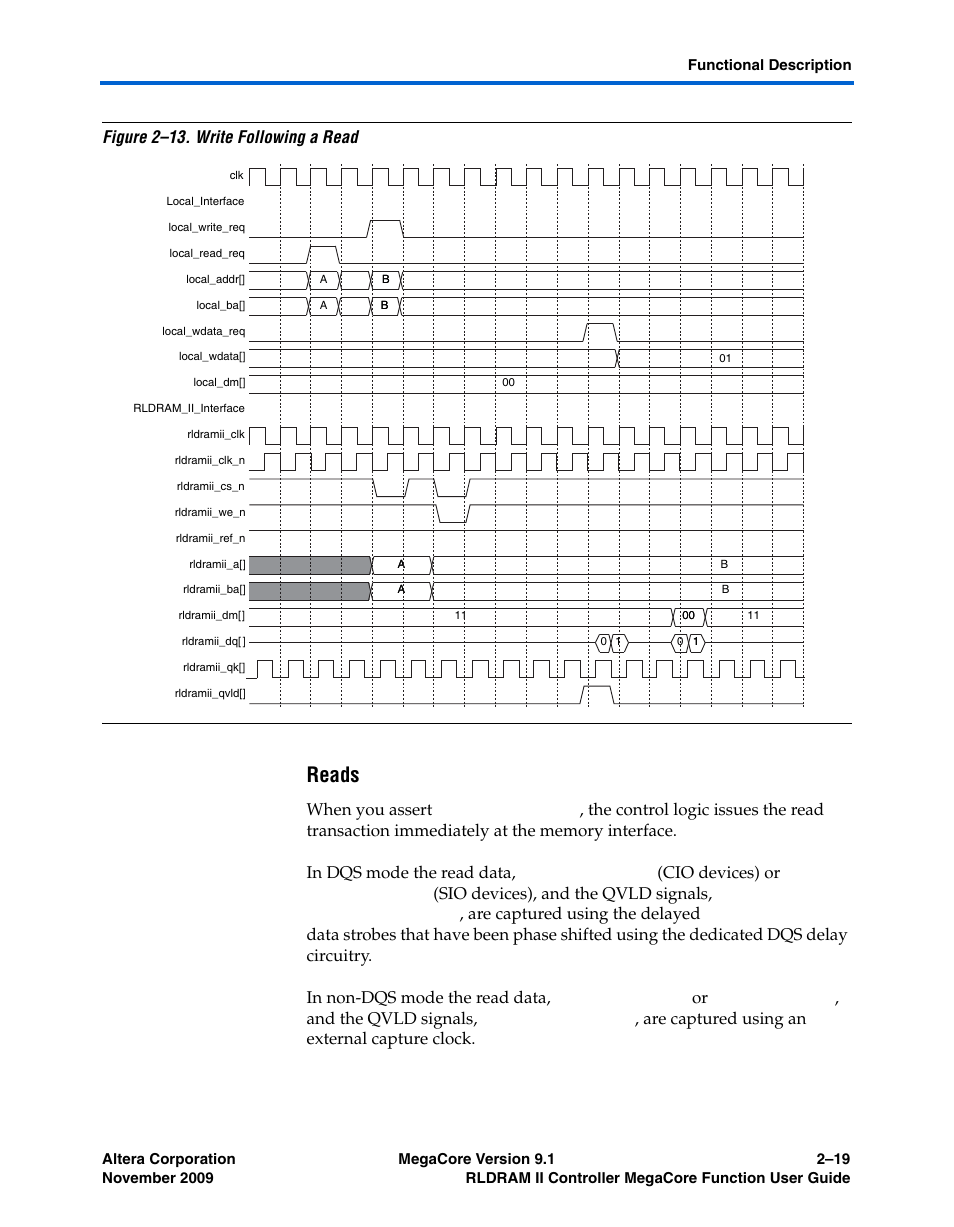 Reads, Figure 2–13, Show | Figure 2–13. write following a read | Altera RLDRAM II Controller MegaCore Function User Manual | Page 29 / 62