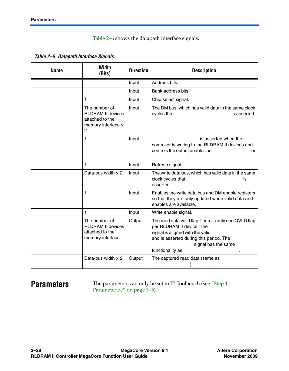 Parameters, Parameters –28 | Altera RLDRAM II Controller MegaCore Function User Manual | Page 38 / 62