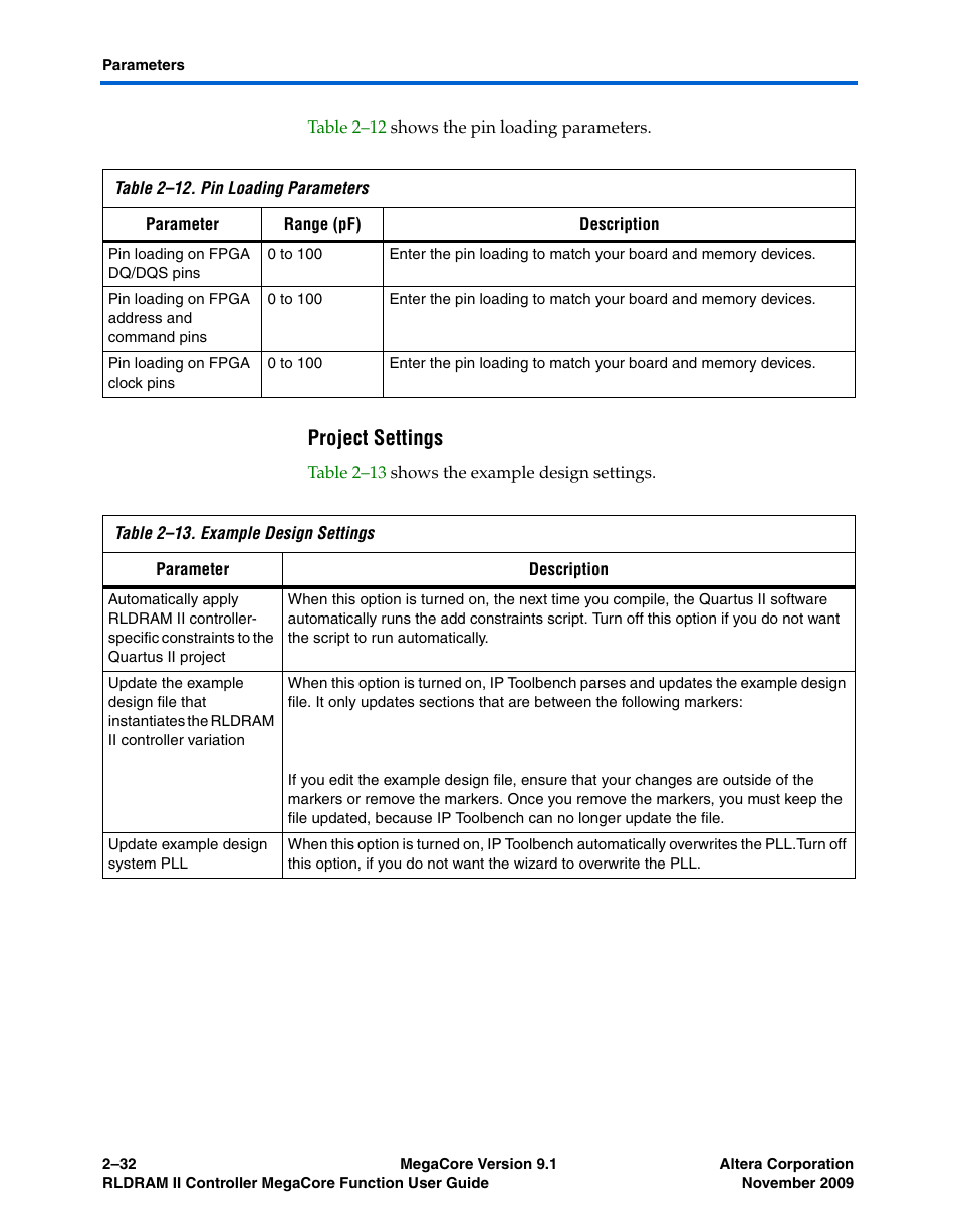 Project settings | Altera RLDRAM II Controller MegaCore Function User Manual | Page 42 / 62