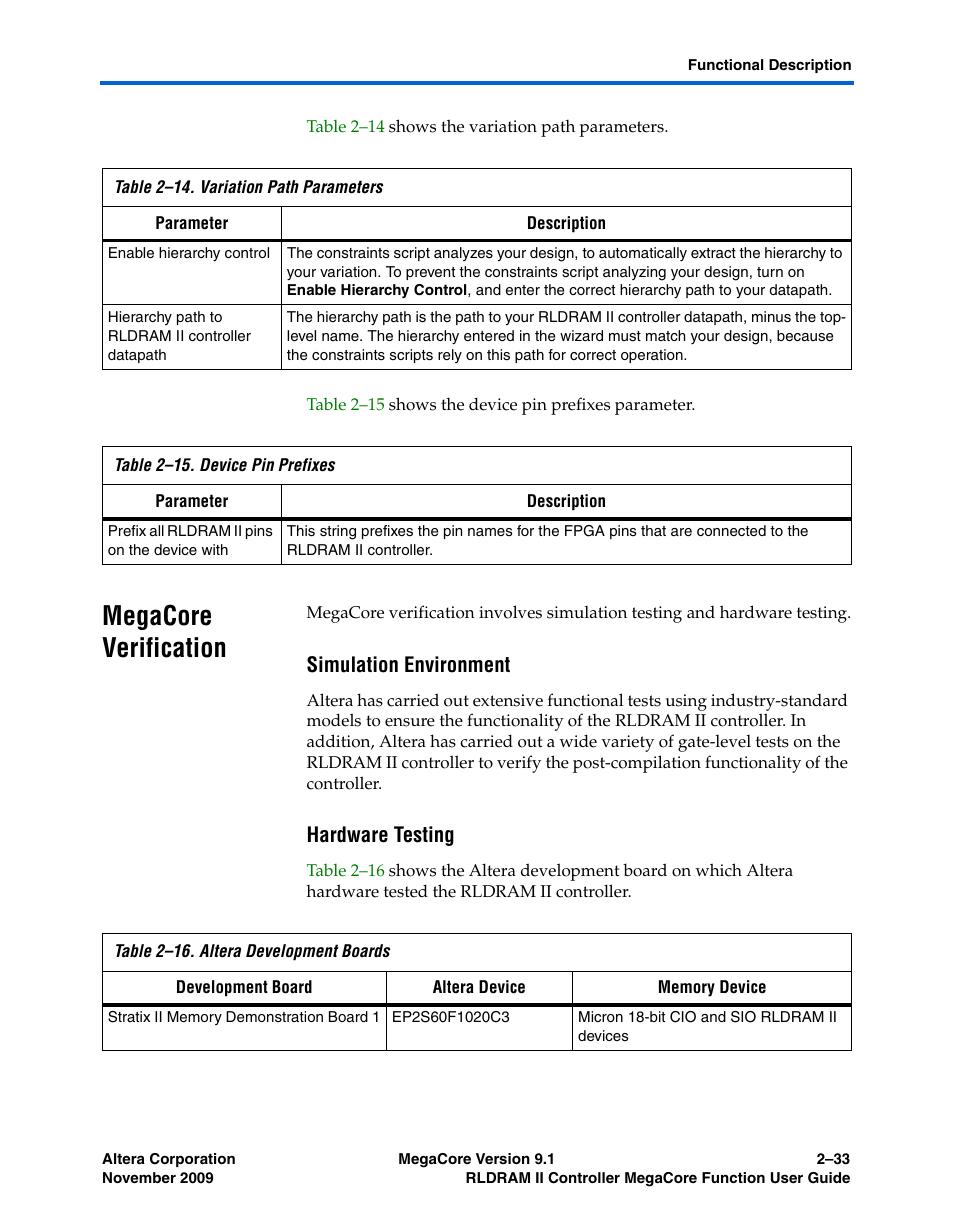 Megacore verification, Simulation environment, Hardware testing | Megacore verification –33 | Altera RLDRAM II Controller MegaCore Function User Manual | Page 43 / 62
