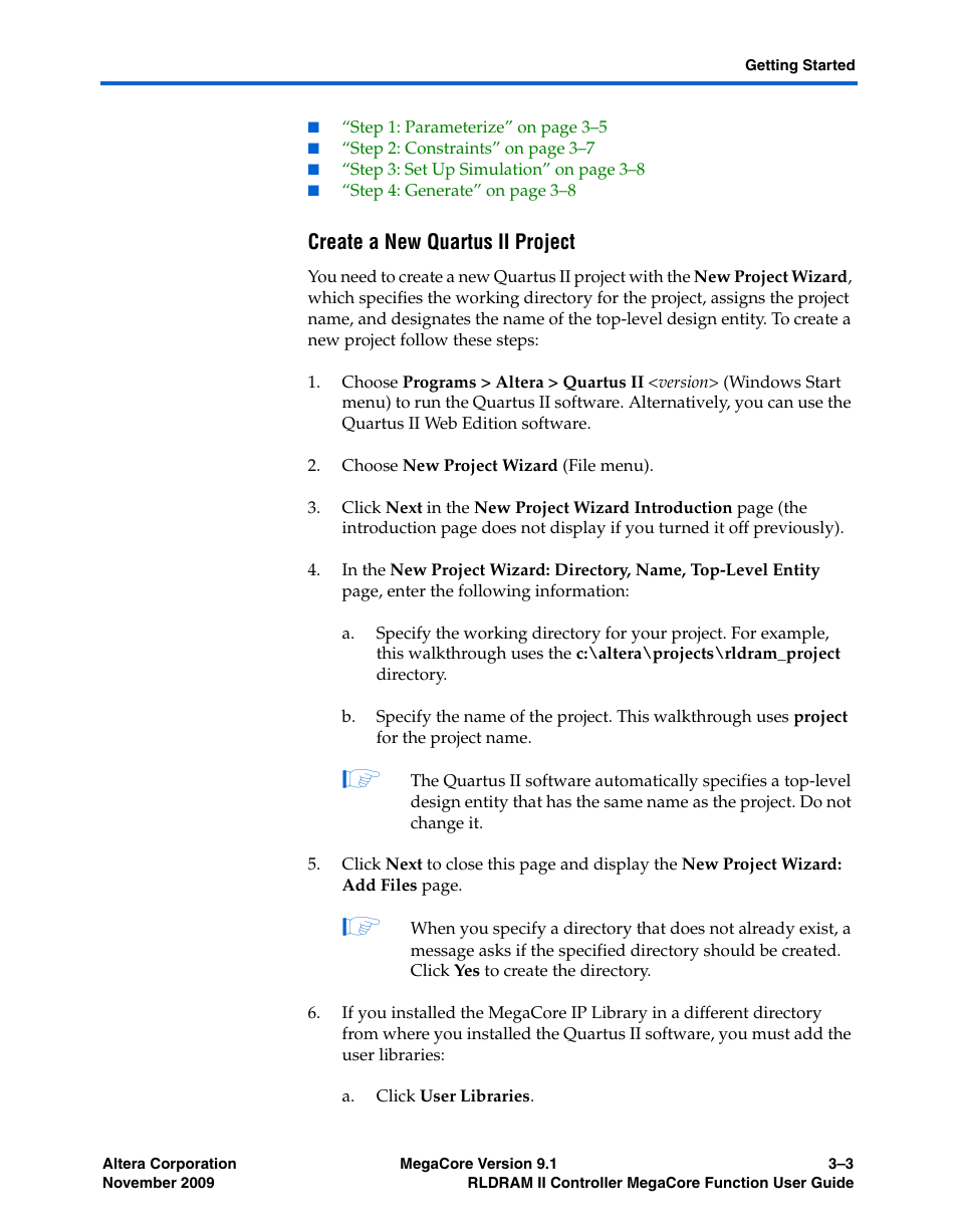 Create a new quartus ii project | Altera RLDRAM II Controller MegaCore Function User Manual | Page 47 / 62