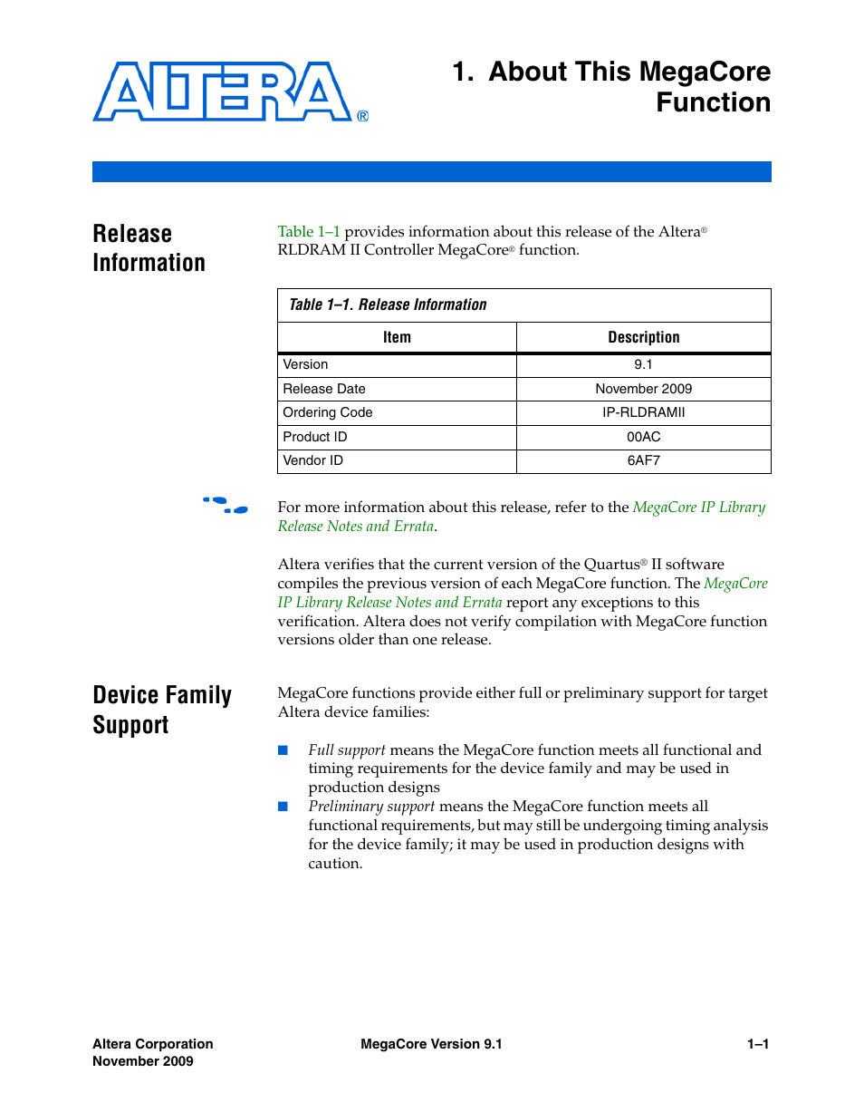 About this megacore function, Release information, Device family support | Chapter 1. about this megacore function, Release information –1 device family support –1 | Altera RLDRAM II Controller MegaCore Function User Manual | Page 5 / 62