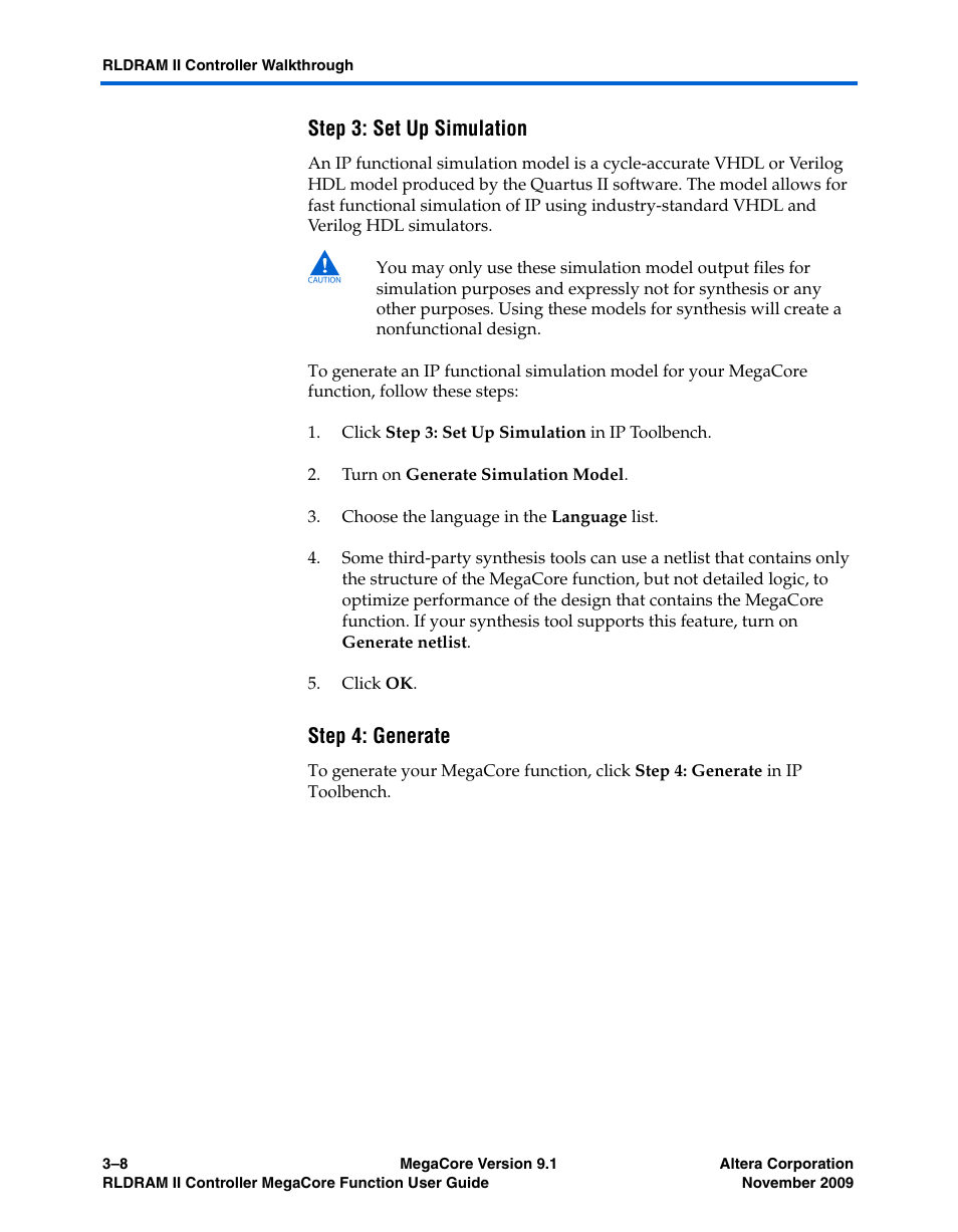 Step 3: set up simulation, Step 4: generate | Altera RLDRAM II Controller MegaCore Function User Manual | Page 52 / 62