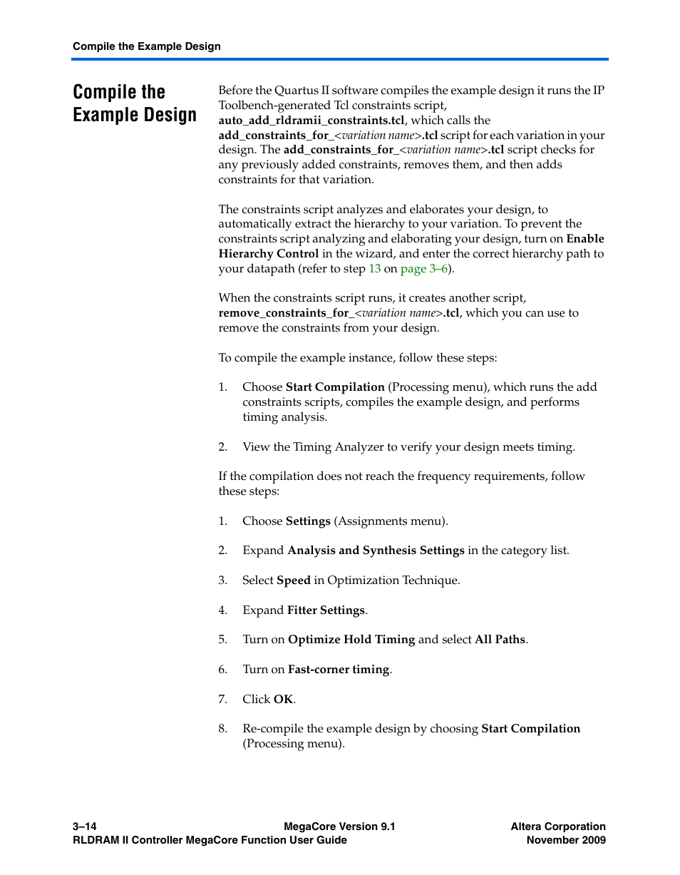 Compile the example design, Compile the example design –14, Er to | Compile | Altera RLDRAM II Controller MegaCore Function User Manual | Page 58 / 62