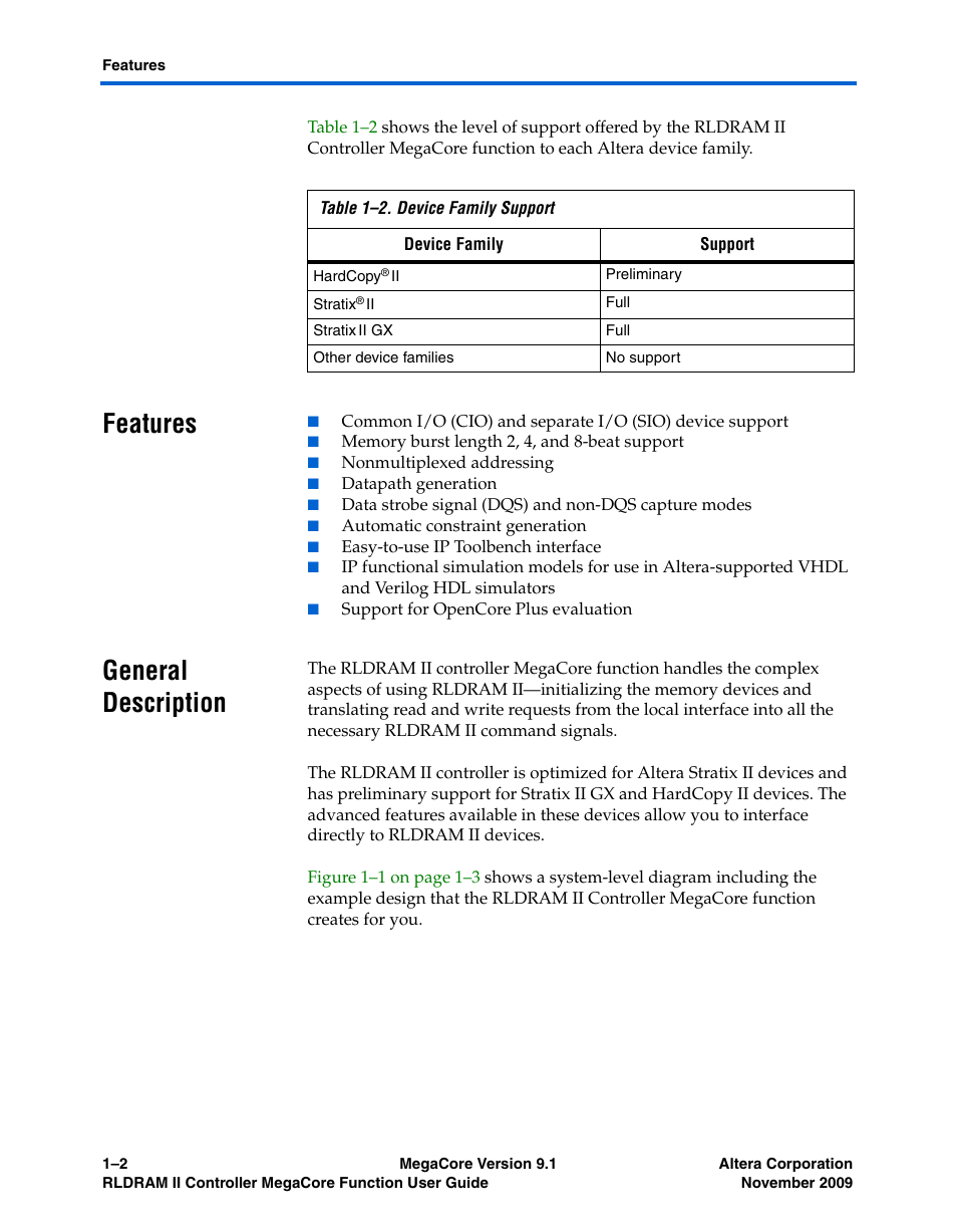 Features, General description, Features –2 general description –2 | Altera RLDRAM II Controller MegaCore Function User Manual | Page 6 / 62