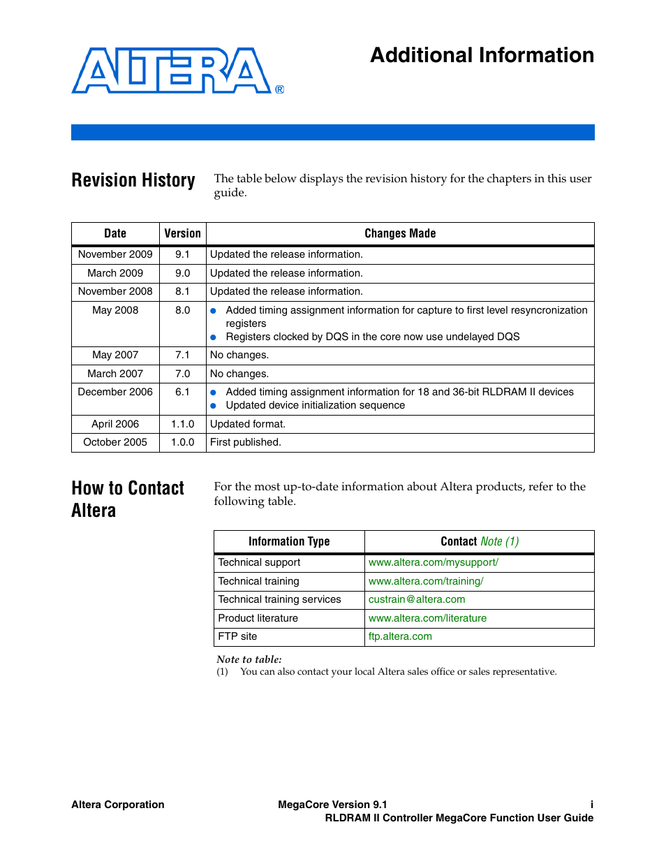 Additional information, Revision history, How to contact altera | Altera RLDRAM II Controller MegaCore Function User Manual | Page 61 / 62