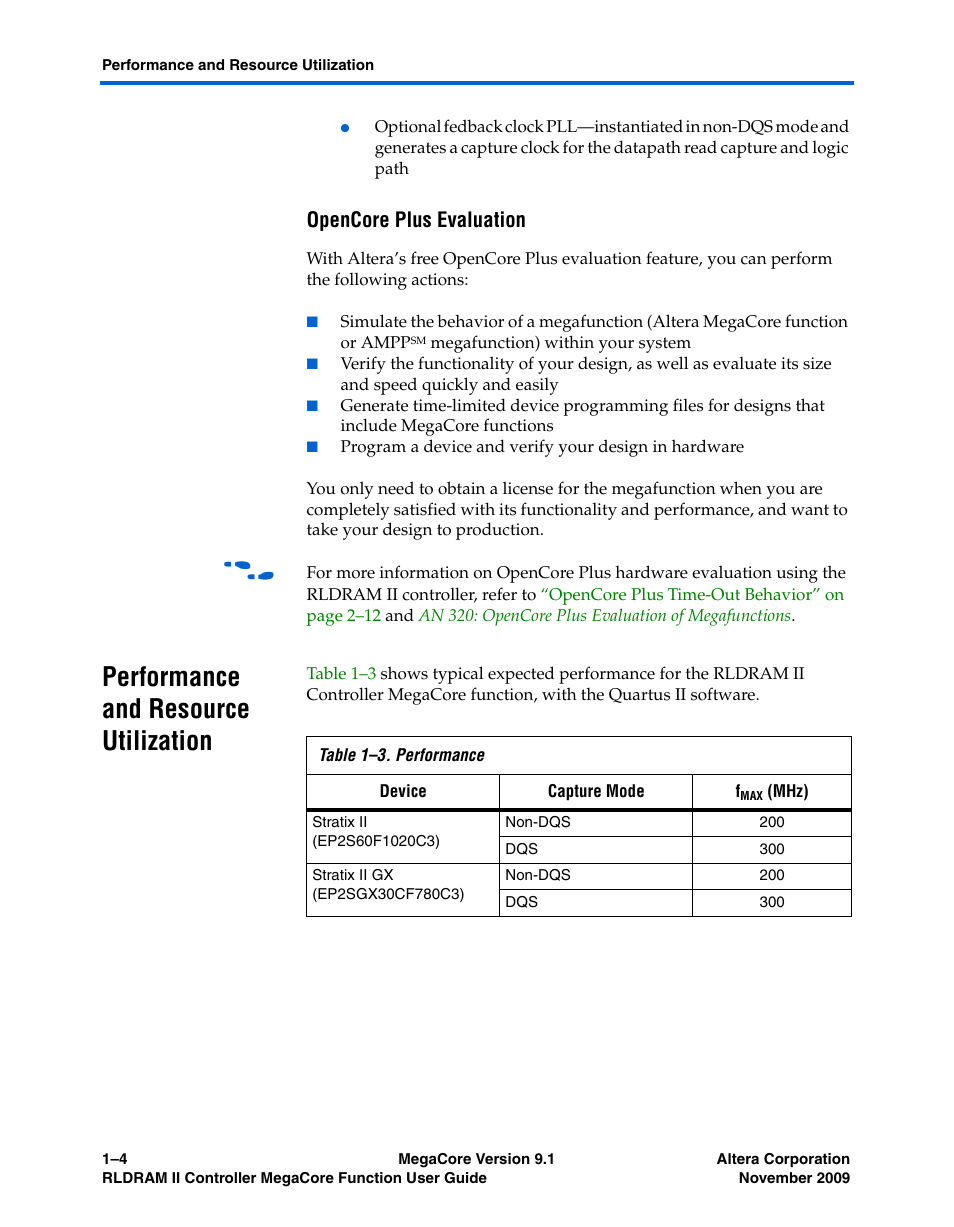 Opencore plus evaluation, Performance and resource utilization, Performance and resource utilization –4 | Altera RLDRAM II Controller MegaCore Function User Manual | Page 8 / 62