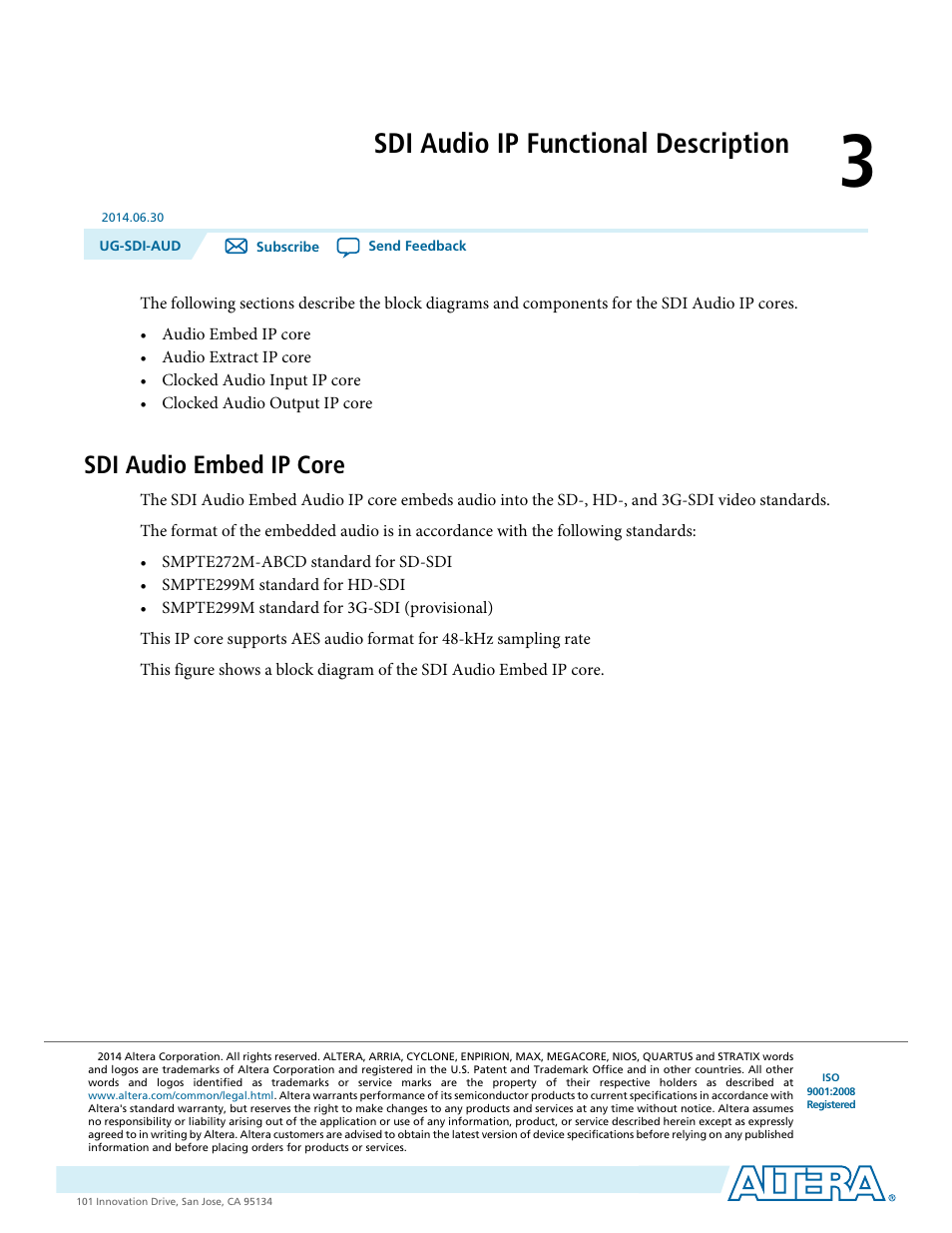 Sdi audio ip functional description, Sdi audio embed ip core, Sdi audio ip functional description -1 | Sdi audio embed ip core -1 | Altera SDI Audio IP Cores User Manual | Page 10 / 49