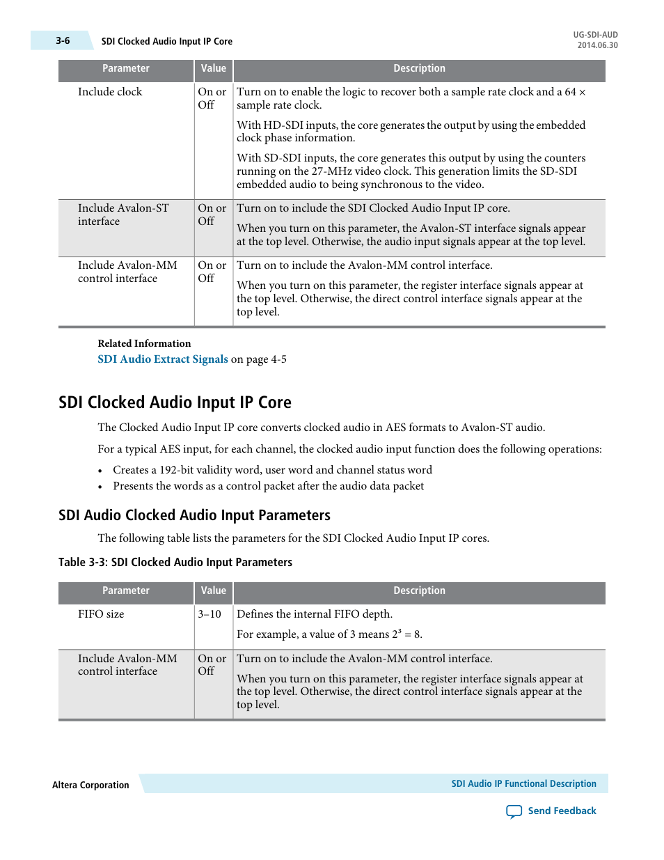 Sdi clocked audio input ip core, Sdi audio clocked audio input parameters, Sdi clocked audio input ip core -6 | Sdi audio clocked audio input parameters -6 | Altera SDI Audio IP Cores User Manual | Page 15 / 49