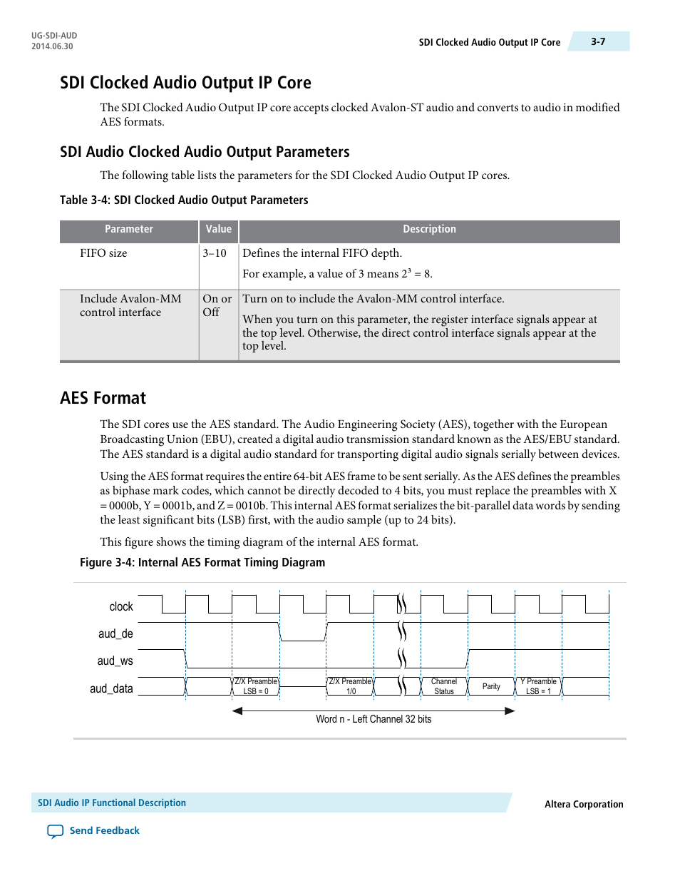 Sdi clocked audio output ip core, Sdi audio clocked audio output parameters, Aes format | Sdi clocked audio output ip core -7, Sdi audio clocked audio output parameters -7, Aes format -7 | Altera SDI Audio IP Cores User Manual | Page 16 / 49