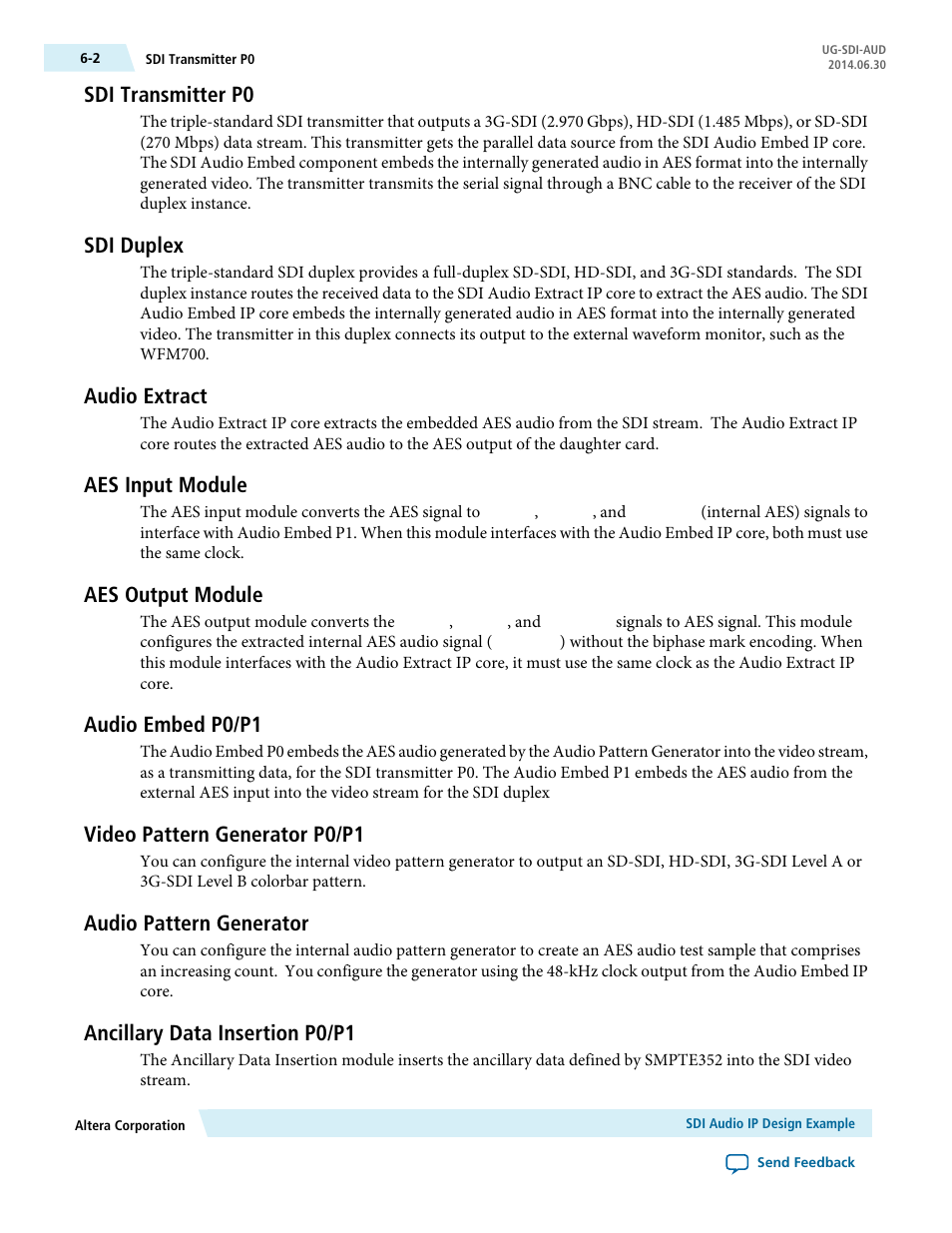 Sdi transmitter p0, Sdi duplex, Audio extract | Aes input module, Aes output module, Audio embed p0/p1, Video pattern generator p0/p1, Audio pattern generator, Ancillary data insertion p0/p1, Sdi transmitter p0 -2 | Altera SDI Audio IP Cores User Manual | Page 42 / 49