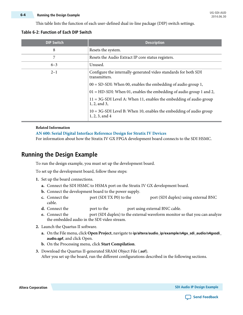 Running the design example, Running the design example -4 | Altera SDI Audio IP Cores User Manual | Page 44 / 49