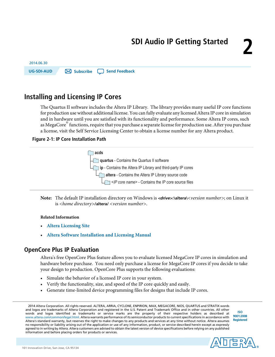 Sdi audio ip getting started, Installing and licensing ip cores, Opencore plus ip evaluation | Sdi audio ip getting started -1, Installing and licensing ip cores -1, Opencore plus ip evaluation -1 | Altera SDI Audio IP Cores User Manual | Page 6 / 49