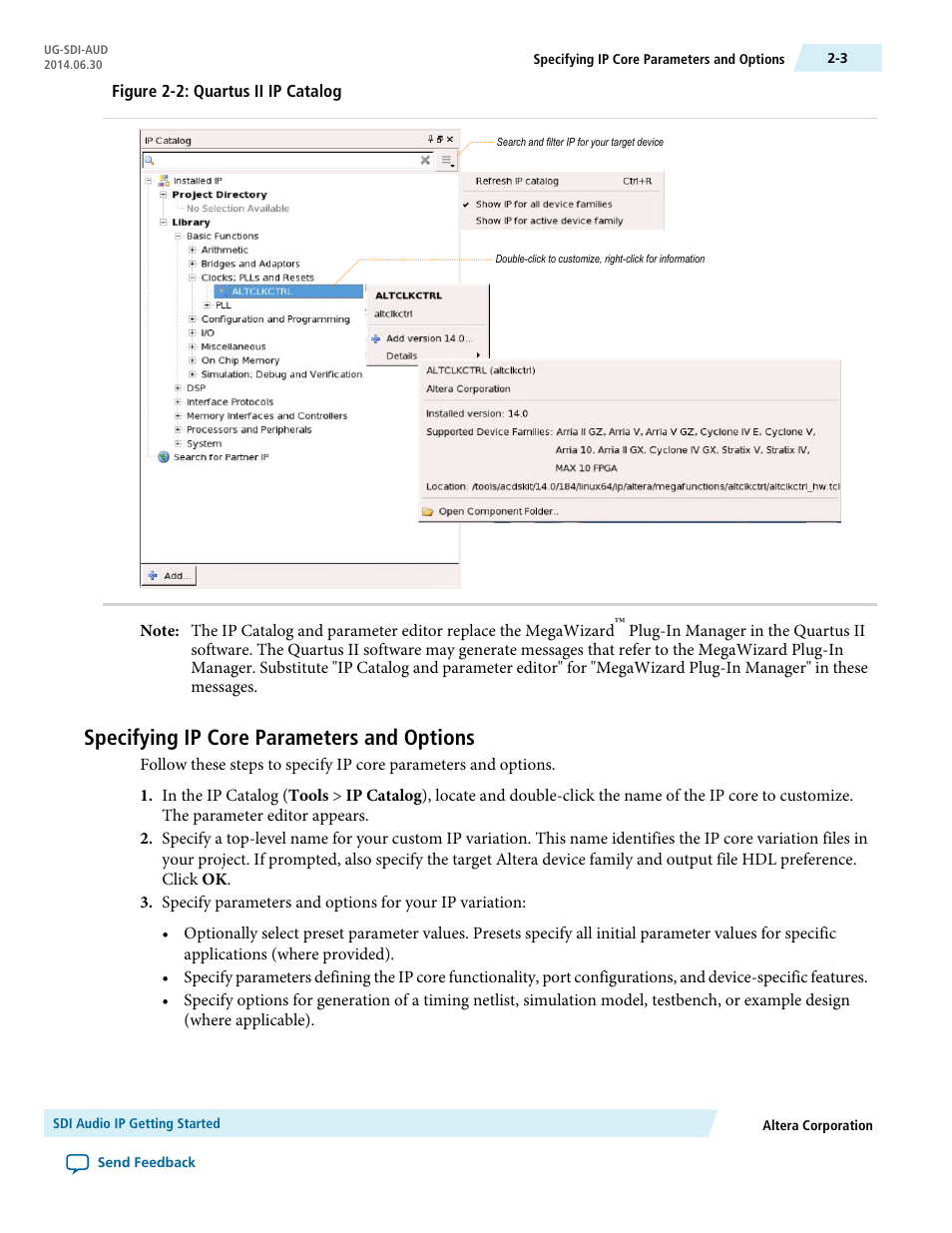 Specifying ip core parameters and options, Specifying ip core parameters and options -3 | Altera SDI Audio IP Cores User Manual | Page 8 / 49