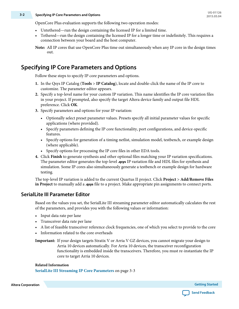Specifying ip core parameters and options, Seriallite iii parameter editor, Specifying ip core parameters and options -2 | Seriallite iii parameter editor -2 | Altera SerialLite III Streaming MegaCore Function User Manual | Page 11 / 68